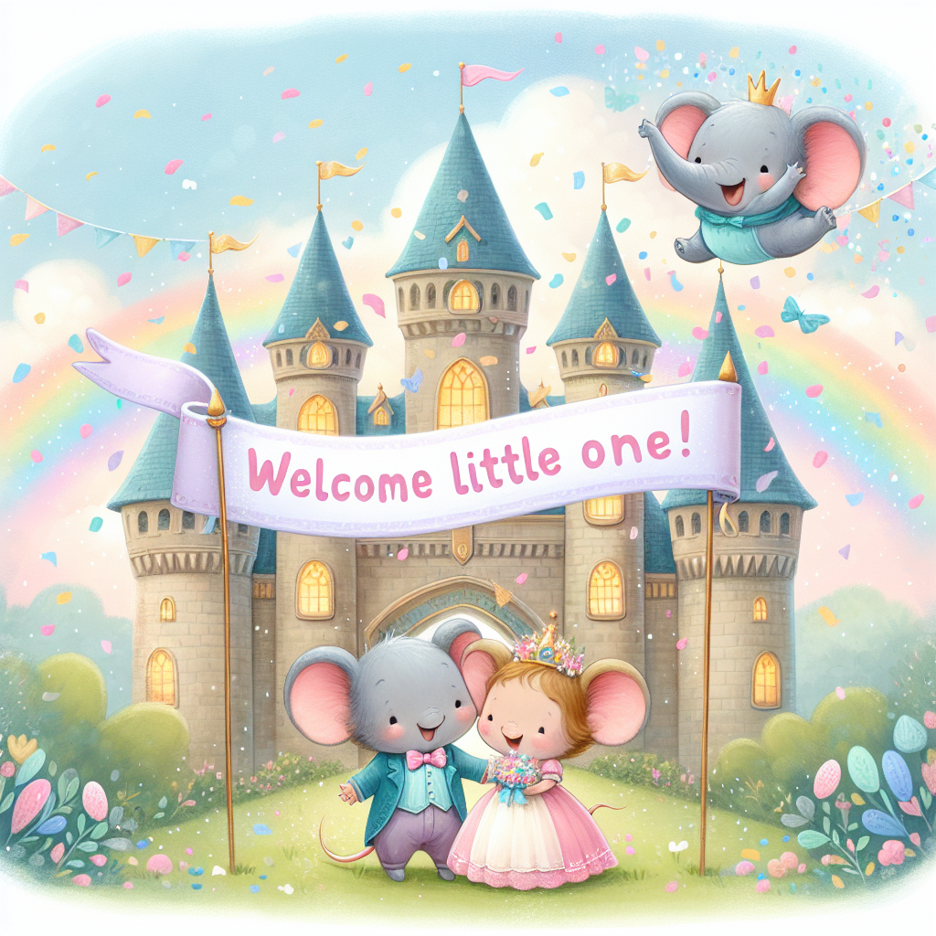 Presenting a delightful illustration showcasing a grand fairy-tale castle in the background awashed in soft pastel hues. In the foreground, a joyous couple of anthropomorphic mice characters are holding a banner enthusiastically emblazoned with 'Welcome Little One!' Amidst a shower of colorful confetti, a joyful small elephant with large ears flies above the scene, symbolizing happiness and the magic of new beginnings.
Generated with these themes: Disney.
Made with ❤️ by AI.