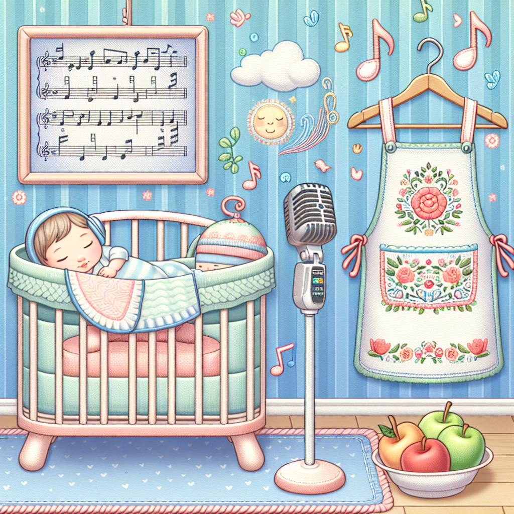 Generate an image of a tranquil nursery room filled with playful pastel colors. Centre the illustration around an adorable baby who is peacefully asleep in a white cradle. To one side, you can see a karaoke screen gracefully presenting lyrics of a soothing lullaby. On the opposite wall, an embroidered apron is hanging. It's decorated with the imagery of musical notes intermixed with various kitchen utensils. The entire ambiance feels heartwarming and festive, inviting the viewer into a narration of a new life’s celebration mixed with the enjoyable hobbies of singing and cooking.
Generated with these themes: Karaoke, and Cooking.
Made with ❤️ by AI.