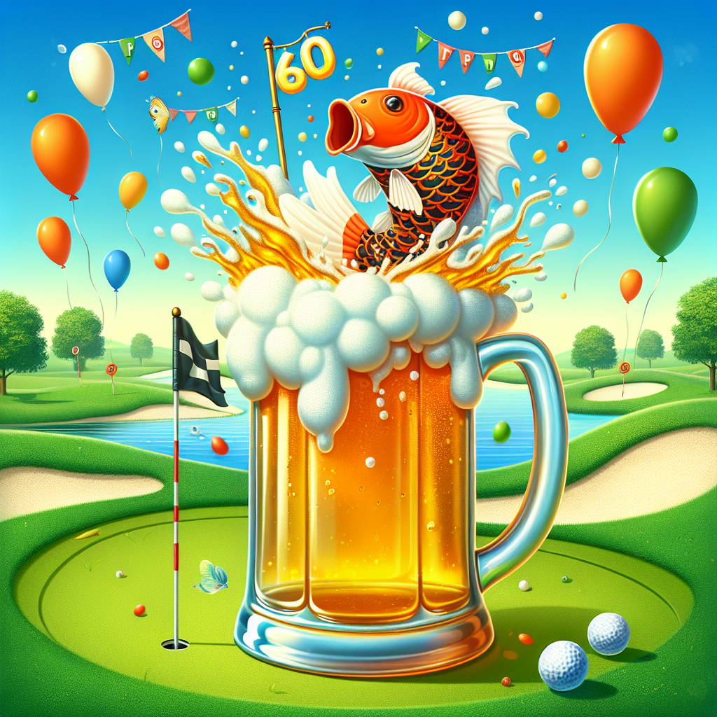 Generate a charming birthday illustration that celebrates turning 60 through a whimsical scene. The central element of this scene should be a large, vibrantly colored koi fish energetically jumping out of a frothy beer mug as if to create a celebratory splash. The beer mug should be situated in the middle of a golf course landscape, with flags indicating holes that have the number '60' fluttering in the wind on the green terrains. Floating balloons should populate the backdrop, further contributing to the joyful and playful atmosphere of the scene.
Generated with these themes: 60, Beer, Golf, and Koi fish.
Made with ❤️ by AI.