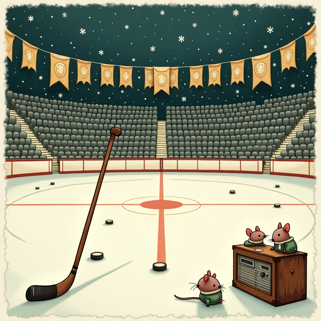 Front and center, the card depicts a comically exaggerated, detailed scene of a deserted ice hockey rink. The rink's ice surface gleams in shades of pale blues and whites, with a few scattered, forlorn-looking pucks strewn about. At the center, there's a lonely hockey stick standing upright, propped into the ice, with its wooden handle etched with little, intricate carvings reminiscent of Aubrey Beardsley's style.

In the background, rows of empty bleachers stretch out, painted in muted browns and grays. Each seat is meticulously drawn, some with snow-dusted mittens left behind, adding a touch of whimsy. Above, the arena's rafters are shown with dusty, old banners hanging limp, in shades of faded gold and green, with their once-proud logos now slightly tattered, channeling a subtle echo of Edward Gorey’s delicate, textured line work.

Along the rink’s edges, small creatures—perhaps little mice, styled in the manner of Beatrix Potter's charming characters—are gathered. They're dressed in miniature, vintage hockey gear with tiny pads and helmets, huddling around an old, forgotten radio perched on a wooden crate, painted in rich browns and copper tones, as if tuning in to a long-gone game.

The top of the card is bordered by a series of gently falling snowflakes, each one intricately unique and drawn with the precision and detail reminiscent of Gustave Doré’s engravings. The snowflakes create a delicate frame, softly enveloping the scene in a quiet, yet detailed embrace, providing a touch of visual softness to the otherwise detailed and expressive image.
Generated with these themes: Sad hockey.
Made with ❤️ by AI.