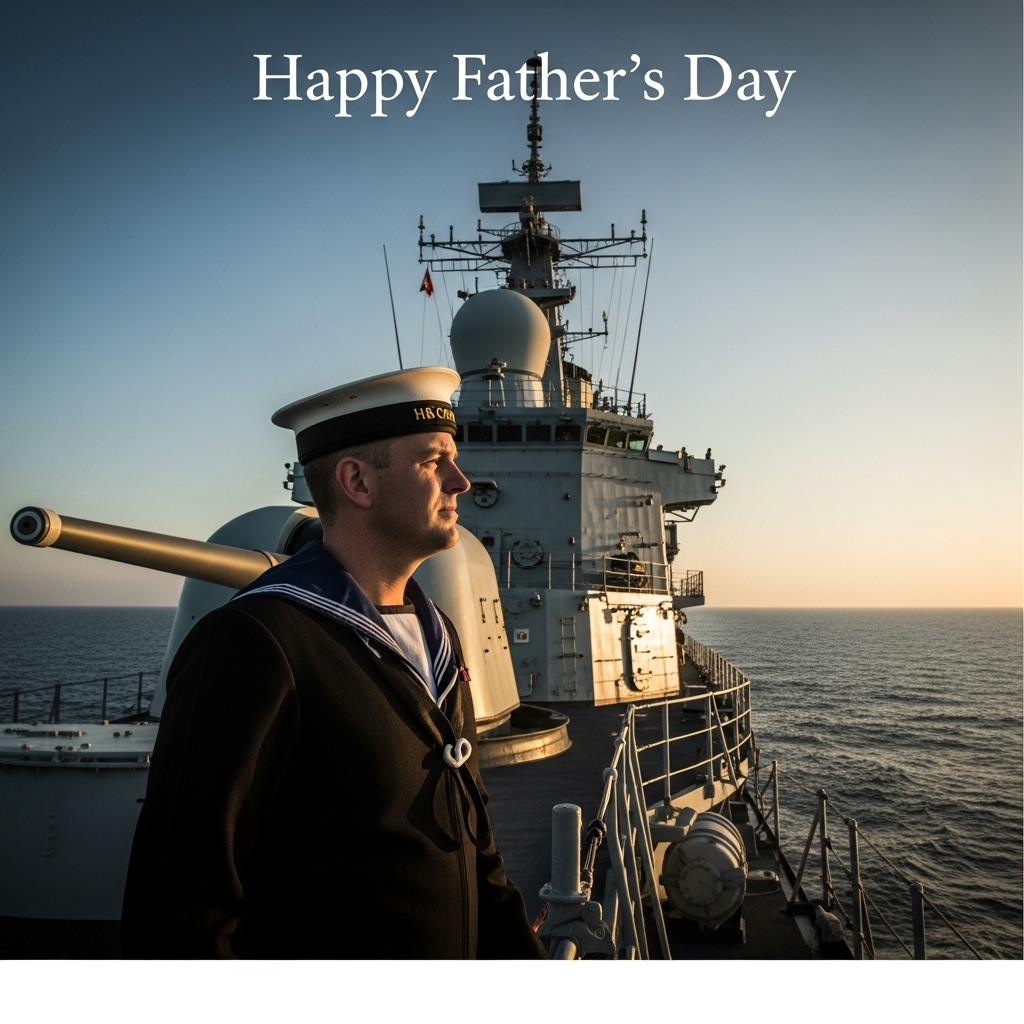 At the top of the photorealistic picture taken from a camera image, include the text: "Happy Father’s Day".

---

**Image Description:**

The scene captures a poignant and heartfelt moment aboard HMS Coventry. The focus is on a father in naval uniform, standing on the deck of the ship. He is gazing thoughtfully towards the horizon, the vast ocean stretching endlessly before him, reflecting hues of the golden sunset. Behind him, the grand and imposing structure of HMS Coventry rises, its silhouette a testament to strength and duty. The light casts a warm, gentle glow on his face, highlighting his dedication and love for his family, whom he holds close to his heart even when far away. The textures of the ship, the uniform, and the ocean are rendered with meticulous detail, bringing an authentic touch to the photograph. This image, with its sincere and touching theme, is perfect for a Father’s Day greeting, celebrating the valor and warmth of fathers everywhere.
Generated with these themes: Hms coventry, and .
Made with ❤️ by AI.