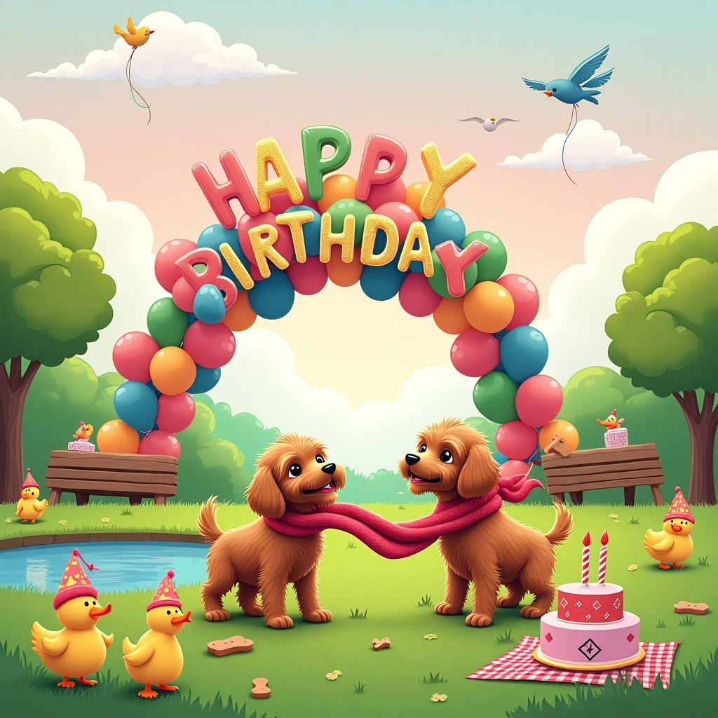 The birthday card scene unfolds in a whimsical park setting with a lush, verdant landscape, reminiscent of a charming animated cartoon. In the foreground, two exuberant Cavapoo puppies are the stars of the scene. One puppy is wearing an oversized, comically stylish Louis Vuitton scarf draped around its tiny neck, looking as if it's just strutted off a fashion runway. The other Cavapoo is playfully tugging at the end of the scarf, its fluffy fur and sparkling eyes capturing the essence of mischievous joy.

In the background, there's a large, colorful balloon arch spelling out "Happy Birthday, Keira!" in vibrant letters, each balloon a different shade of the rainbow. The letters "K" and "A" are particularly highlighted, perhaps larger or in glittering gold, making sure Keira's name stands out. Surrounding the puppies and arch, a few picnic tables are scattered with festive items: a towering birthday cake adorned with more Louis Vuitton patterns, tiny dog biscuits shaped like birthday candles, and party hats with floppy ears that mimic those of the Cavapoos.

To the left of the scene, a small pond reflects the playful activities, with cartoonish ducks wearing tiny Louis Vuitton berets, adding a touch of elegance to their waddling figures. The sky is a pastel gradient from light pink to soft blue, where fluffy clouds drift lazily, one cloud subtly shaped like a heart, as if offering a gentle embrace to the joyful chaos below. Above, a few birds, animated in a simple yet expressive style akin to Charles Schulz, glide by carrying tiny streamer ribbons in their beaks, further emphasizing the celebratory atmosphere.

This engaging scene, filled with delightful details and a touch of luxury, captures the whimsical and playful celebration of Keira's birthday, offering a charming and memorable greeting card experience.
Generated with these themes: Cavapoo, Cavapoo, and Louis vuitton.
Made with ❤️ by AI.