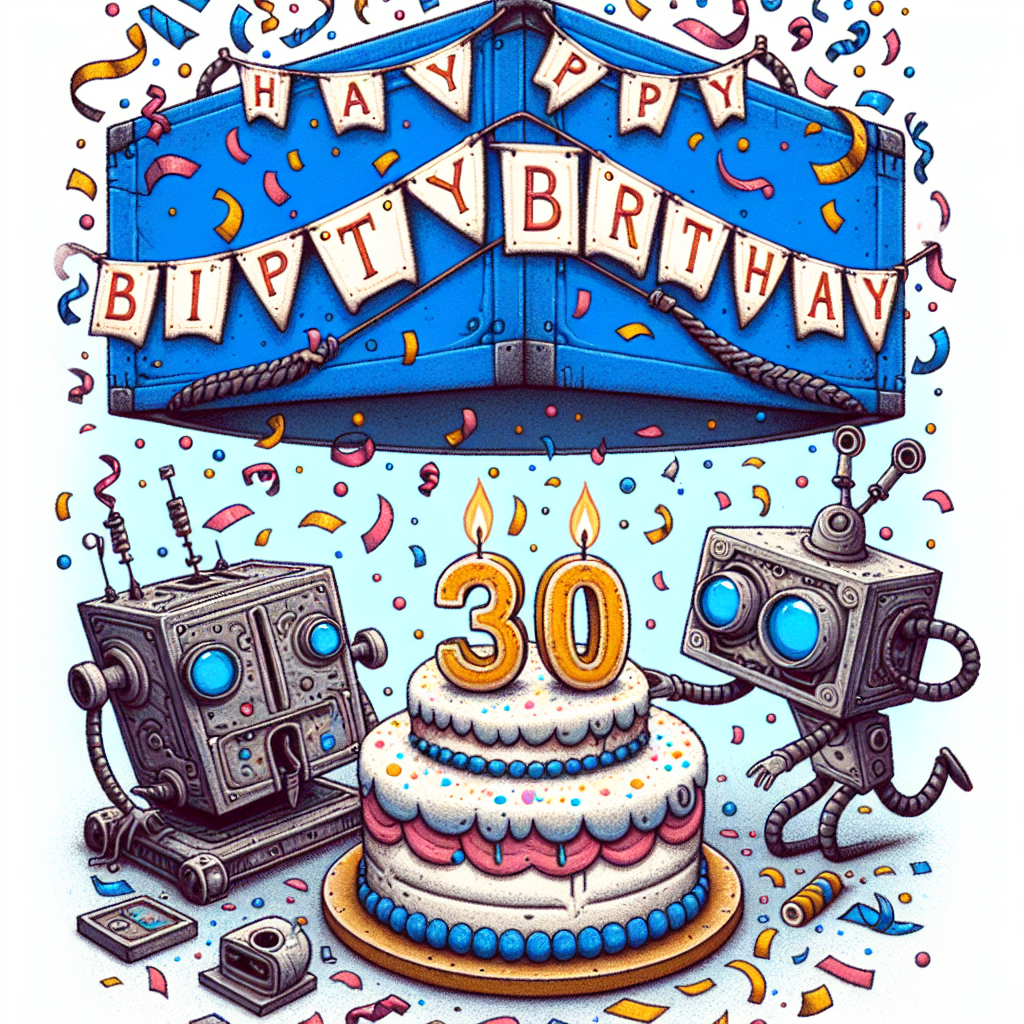 A whimsical illustration for a birthday theme contains a mysterious blue rectangular box at the center of the scene, adorned with birthday banners, hovering amidst a shower of colorful confetti. Peeking from behind it, two quirky robotic figures, one with a cylindrical body and the other with handles on the sides of its head, each grasps a corner of a sizeable birthday cake, shaped to represent the number 30. Above, 'Happy 30th Birthday' is inscribed in a playful, intricate circular font.
Generated with these themes: Dr Who, Cyberman, Dalek, Tardis, Birthday cake, and 30th birthday.
Made with ❤️ by AI.