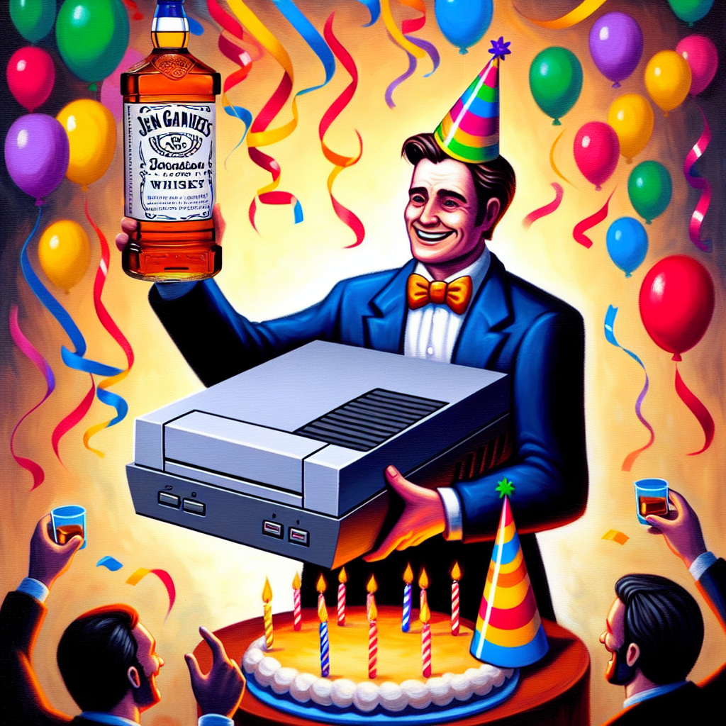 A lively, birthday-themed illustration depicts a joyous atmosphere. At the center, a generic video game console is decorated with multicolored streamers and a party hat, appearing as the life of the party, with balloons floating around it. In the backdrop, a fictional character raises a bottle of generic yet stylish whiskey, humorously personified with a smiling face and bow tie, as if offering a toast to the celebration.
Generated with these themes: X-box , and Jack Daniels .
Made with ❤️ by AI.