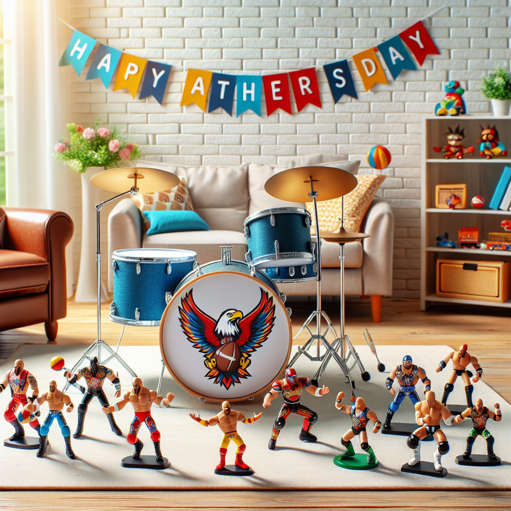 A delightful image of a light-filled living room set decoratively for a Father's Day celebration. The room prominently features a drum kit in the center, which sports an emblem representative of a vividly colored eagle immersed in a football, symbolizing a tribute to a popular football team. Aside, a collection of miniature wrestling action figures featuring different colors, costumes, and poses are engaging in a thrilling match. A banner with the cheerful message 'Happy Father's Day' hangs overhead, interweaving the sports theme with the warmth of the special occasion.
Generated with these themes: Drumming, Crystal Palace Football Club, and Wrestling.
Made with ❤️ by AI.