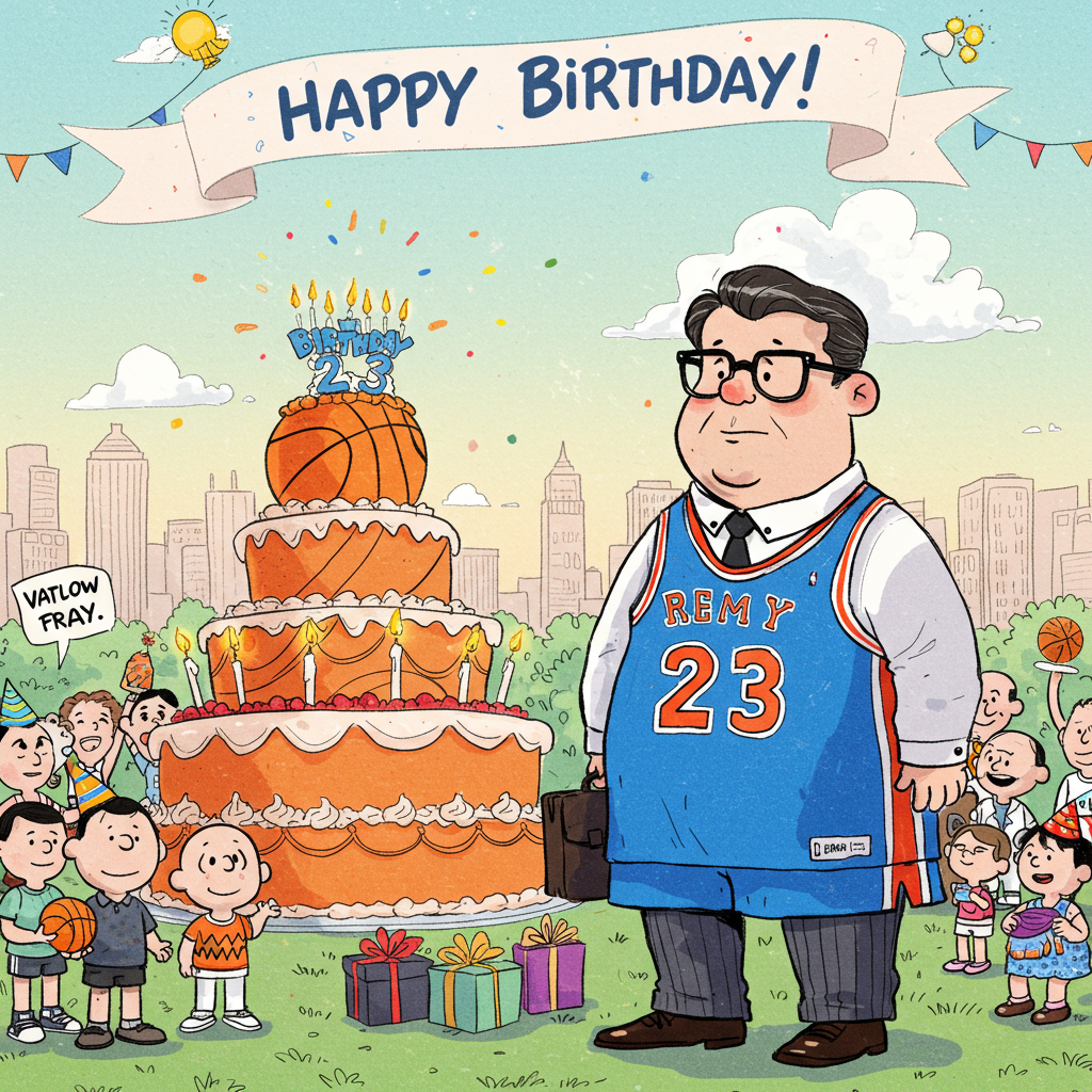 In the foreground, there's a bustling birthday party scene featuring a quirky, exaggerated character—a professional businessman who looks delightfully out of place yet utterly joyful in his attire. He's wearing a vibrant, oversized basketball jersey that extends almost to his knees, with the number "23" emblazoned on the back in bold, bright red. The jersey is a vivid electric blue with contrasting orange accents along the collar and sleeves, standing out against his formal black business shoes and gray pinstripe pants peeking out from below.

His head is slightly too large for his body, a nod to Schulz's iconic style, and he wears oversized round glasses that glint in the cartoon sun. His hair is slicked back, but a single rebellious curl bounces above his forehead.

Behind him, there's a towering, multi-tiered birthday cake shaped like a basketball hoop, complete with a net woven from spun sugar. The cake is frosted in gradient shades of orange and brown to resemble a basketball, with a glowing candle on top flickering in the shape of the word "Remy."

Surrounding this scene are party guests sketched in the simplistic, yet expressive style reminiscent of Tezuka, each holding various whimsical gifts shaped like basketballs, briefcases, and comic books. Some guests wear party hats styled like the antenna of Astro Boy.

The background features a playful cartoon city skyline, akin to Hergé's detailed line work, where each skyscraper is humorously topped with a gigantic birthday candle. Above, the sky is a soft, gradient pastel reminiscent of Watterson's delicate watercolors, punctuated by clouds shaped like speech bubbles with abstract scribbles inside.

At the top, a colorful, billowing banner stretches across the scene, reading "Happy Birthday!" in a font reminiscent of Eisner's graphic novel titles, with the name "Remy" cleverly inserted within the flowing design of the banner. The whole composition is enclosed in a frame of playful doodles—tiny basketballs, dollar signs, and squiggly lines—a nod to Larson's quirky detailing.
Generated with these themes: Professional business man wearing basketball jersey .
Made with ❤️ by AI.