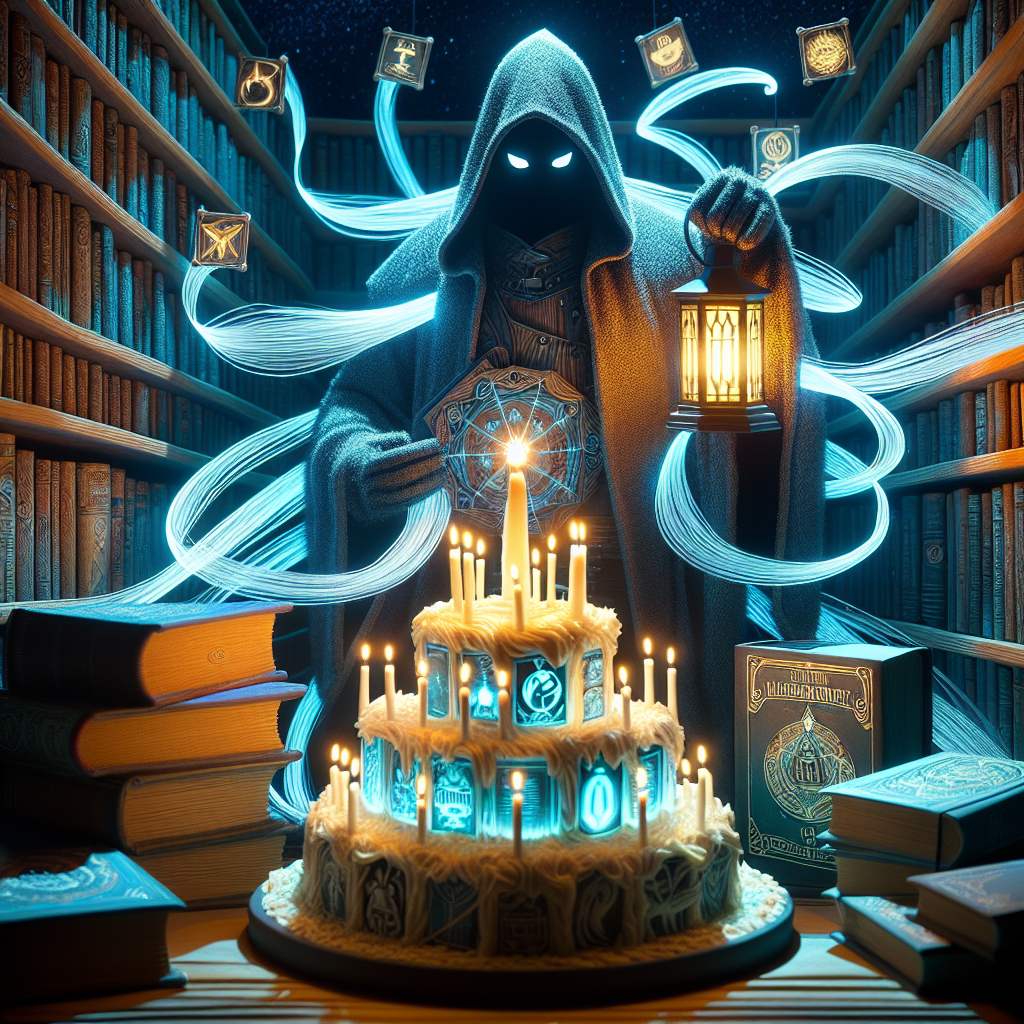 In an alternative representation, glowing threads of narratives from well-known graphic novels entwine around a fantasy tabletop game arrangement, crafting a surreal scenery. A mysterious caped vigilante, unidentifiable yet reminiscent of nocturnal protectors, serves as a guardian, with his cloak merging into the night sky, holding a lantern that illuminates a festive cake adorned with distinct emblems. The setting mimics a library, where the murmuring pages allude to a plethora of adventures hidden within, each book spine decorated creatively with celebratory greetings and fantastical designs.
Generated with these themes: Reading, Dungeons and dragons , Comics , and Batman .
Made with ❤️ by AI.