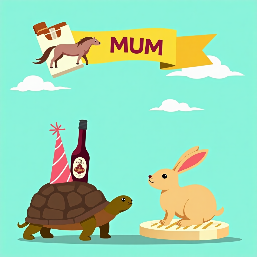 Imagine a lively, playful scene filled with vivid colors and charming elements. Start with a bright, pastel turquoise background as the canvas. 

In the center of the scene, create a quirky flat-style tortoise wearing a small, pink party hat. On its shell, draw a crisp, graphic representation of a bottle of Tia Maria with the label facing outward, rendered in flat colors: deep maroon with a sleek black cap.

To the right of the tortoise, illustrate a comical rabbit lounging leisurely, its ears flopping lazily. The rabbit should be sitting on a thick slice of halloumi, which is depicted in creamy white with golden-brown grill marks, flat and slightly abstract.

Above them, in the sky, craft a banner made from flat vector shapes in warm yellow, with the word "MUM" written in bold, clean, sans-serif letters. The banner is tied to a floating, simplified, majestic horse made from geometric shapes, colored in a light chestnut brown with a flowing mane rendered in gentle swooshes.

Add a vector-style pack of cigarettes on the left side of the card. The pack should be closed, upright, and depicted in flat colors: classic white with a bright red stripe and subtle shading for a hint of dimension.

Sprinkle a few small clouds across the top portion of the background in soft, airy whites, using flat, round shapes. These clouds add a sense of whimsy without crowding the scene.

The entire composition should maintain a balance between these elements, each one distinct yet harmoniously integrated within the vibrant Mother's Day celebration scene.
Generated with these themes: Tia Maria, Cigarettes, Horses, Tortoise, Rabbit, Halloumi, and .
Made with ❤️ by AI.