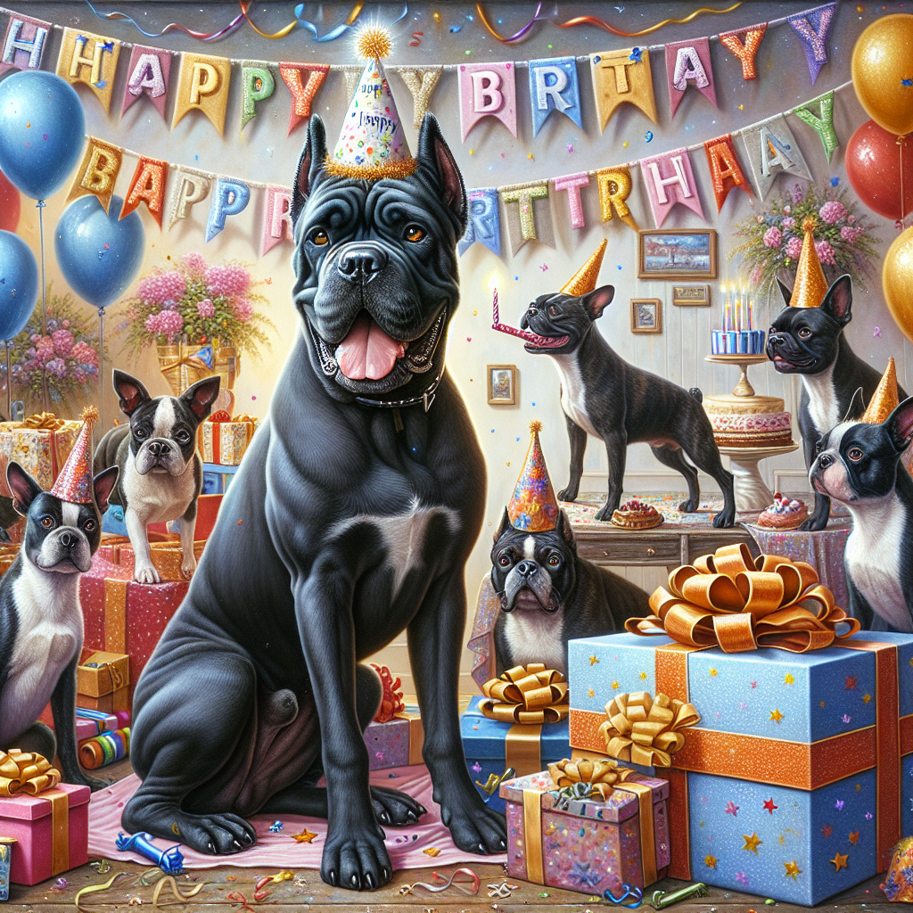 Imagine an endearing birthday party scene where a black cane corso is the center of attention, sitting majestically with a twinkling party hat. Other party-goers include lively Boston terriers, with one making a grand entrance out of a gift box wrapped in festive paper. The environment is filled with joyful party embellishments such as streamers, balloons, and a banner proudly pronouncing 'Happy Birthday'. The overall ambiance of the artwork exudes an inviting, cheerful, and enchanting atmosphere, encapsulating the essence of a perfect birthday celebration.
Generated with these themes: Black cane corso, Boston terrier, Fun, Cute, and Party.
Made with ❤️ by AI.