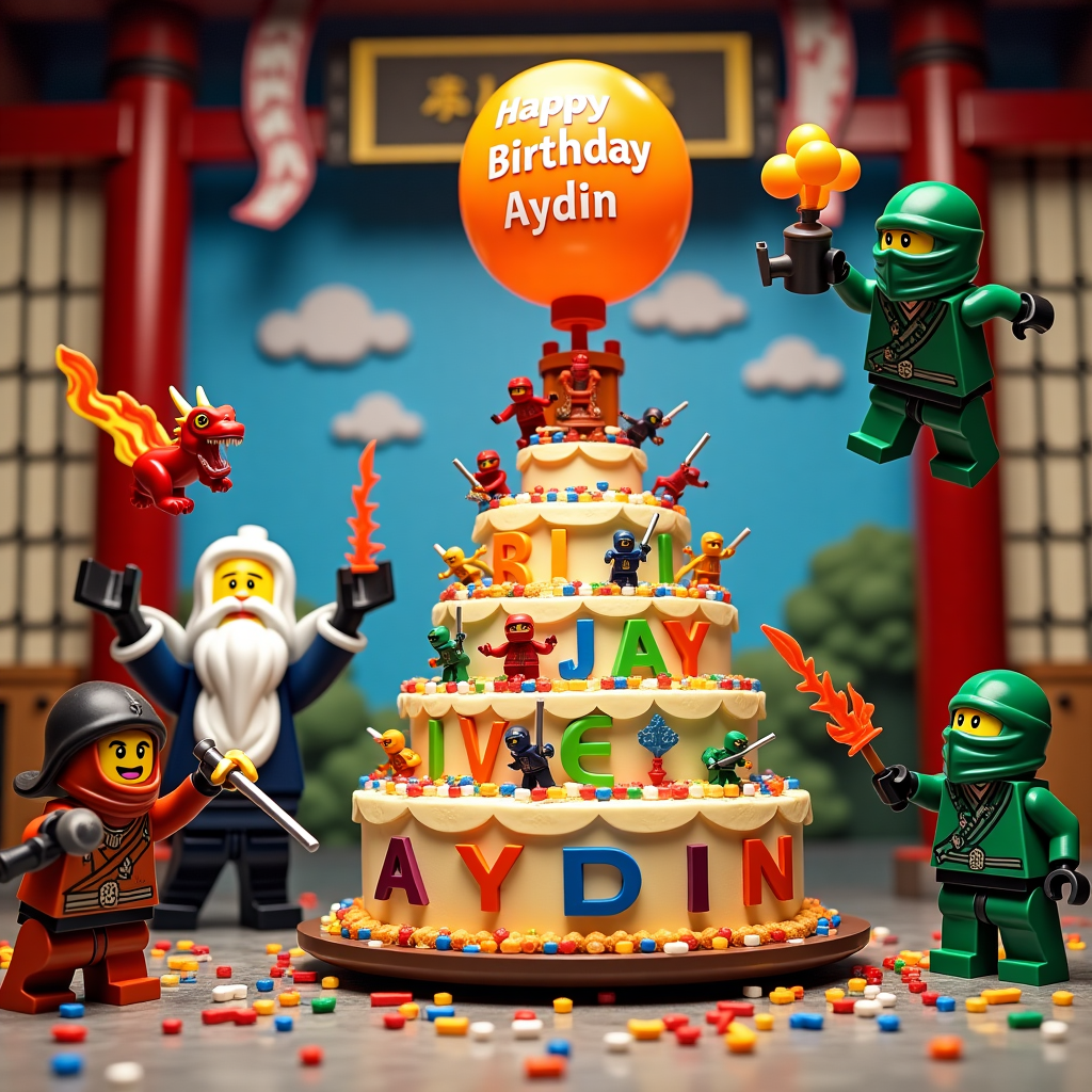 In the bustling heart of a LEGO Ninjago dojo, the scene unfolds as a humorous birthday celebration for Aydin. At the center, a large, whimsical cake takes the shape of a ninja temple, complete with LEGO mini-figures climbing up the sides, each one holding a brightly colored balloon. The cake is topped with a tiny, spinning LEGO dragon, which breathes a miniature flame made of orange and red frosting. To the left, Sensei Wu, with his flowing white beard and traditional conical hat, is comically attempting to blow up an enormous balloon with "Happy Birthday Aydin" written across it in bold, blocky LEGO-style letters. Nearby, the mischievous Jay is balancing precariously on one leg atop a pile of LEGO bricks, juggling swords as Kai, in his fiery red ninja garb, pretends to extinguish a non-existent fire on his own head with a watering can. Above them, Lloyd the Green Ninja swings from a rope attached to the dojo rafters, playfully hanging a "Happy Birthday" banner crafted from interlocking LEGO pieces. Aydin’s name is creatively integrated into the dojo’s paper wall panels, subtly peeking through with vibrant colored letters, as though part of the ancient calligraphy. Outside the paper walls, a blue sky dotted with fluffy white clouds and a LEGO-built sun adds a cheerful backdrop, completing this playful, celebratory scene.
Generated with these themes: Ninjago lego.
Made with ❤️ by AI.