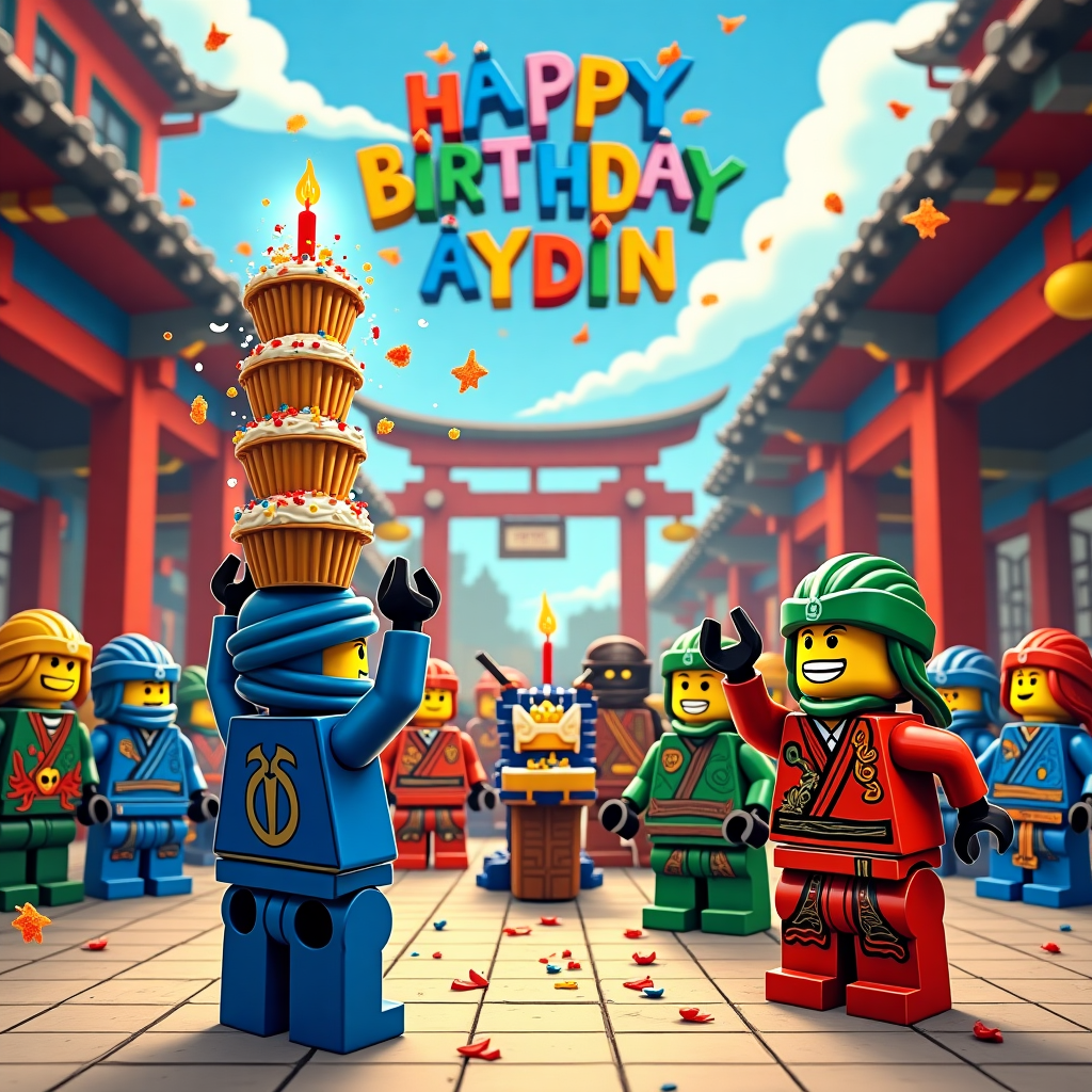 In a vibrant and whimsical Lego Ninjago-inspired scene, imagine a bustling birthday celebration taking place in a dojo. The dojo is made entirely of Lego bricks, with intricate details such as banners, shurikens, and colorful bricks forming the walls. In the foreground, the Ninjago characters—each crafted with their unique colors and accessories—are engaged in playful antics. Jay, with his electric blue ninja garb, is balancing a towering stack of cupcakes on his head, each topped with a sparkling candle. Meanwhile, Kai, in his fiery red outfit, is demonstrating some comically exaggerated martial arts moves to the crowd, accidentally knocking over a small Lego dragon piñata. The scene is filled with laughter and excitement, as Lloyd, in his signature green, conjures up a playful swirl of confetti that spells out "Happy Birthday Aydin" in the air, mimicking a move inspired by Charles Schulz’s playful touches. Above this lively gathering, a Lego brick sky is crafted, with fluffy, whimsical clouds that echo the style of Winsor McCay, while colorful balloons float up, spelling out "Aydin" in big, bold Lego block letters. This delightful, action-packed scene blends the imaginative playfulness of Bill Watterson's creations with the dynamic energy of Osamu Tezuka’s characters, resulting in a birthday greeting card that is both unique and thoroughly engaging.
Generated with these themes: Ninjago lego.
Made with ❤️ by AI.