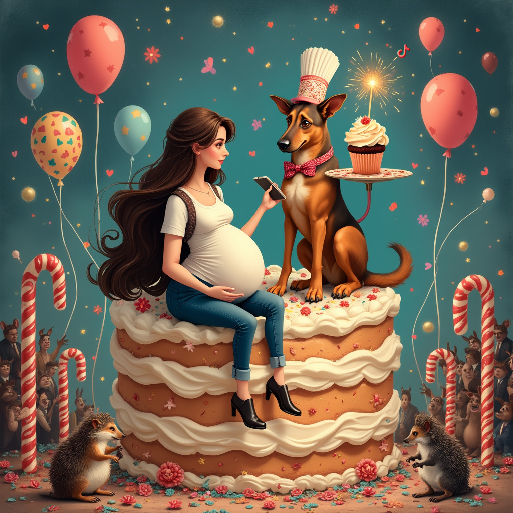 In a delightful mix of whimsy and humor, the birthday card front cover bursts to life with an enchanting and slightly surreal scene. At the center, a pregnant brunette woman sits serenely atop an oversized cake, her round belly a perfect homage to both the cake's frosting and her expectant joy. Her hair cascades like a dark chocolate waterfall, blending into the icing swirls below. Next to her, perched jauntily on a towering slice of cake, is a handsome short man sporting a dapper bow tie and holding a smartphone. His expression is one of comedic determination as he records a TikTok dance challenge, his feet mid-jig in a playful blur.

Completing this quirky trio, a German shepherd, with a coat reminiscent of a painter's palette of browns and blacks, wields a chef's hat perched askew atop his head. He's balancing a tray with a precarious stack of cupcakes, each adorned with lit sparklers that twinkle like miniature fireworks. The dog's eyes are humorously wide, caught between concentration and the anticipation of joining in on the TikTok antics.

The backdrop is a kaleidoscope of balloons floating aimlessly in the sky, with confetti gently cascading down like colorful snowflakes. There's a hint of an audience in the background, a crowd of curious woodland creatures peeking from behind a fence made of oversized candy canes. Their expressions range from wide-eyed fascination to sheer amusement, adding layers to this already lively tableau.

In the corner, a tiny hedgehog with a party hat busily scribbles on a scroll, capturing the scene in his whimsical journal. The card's border frames this lively vignette with a pattern of interlocking dancing TikTok icons intertwined with flowers, reminiscent of Aubrey Beardsley’s intricate lines yet tinged with Quentin Blake’s playful strokes. The scene is a playful narrative snapshot, each element contributing to a story of celebration, humor, and unexpected charm.
Generated with these themes: Pregnant brunette woman , Handsome short man, German shepherd , and Tiktok .
Made with ❤️ by AI.