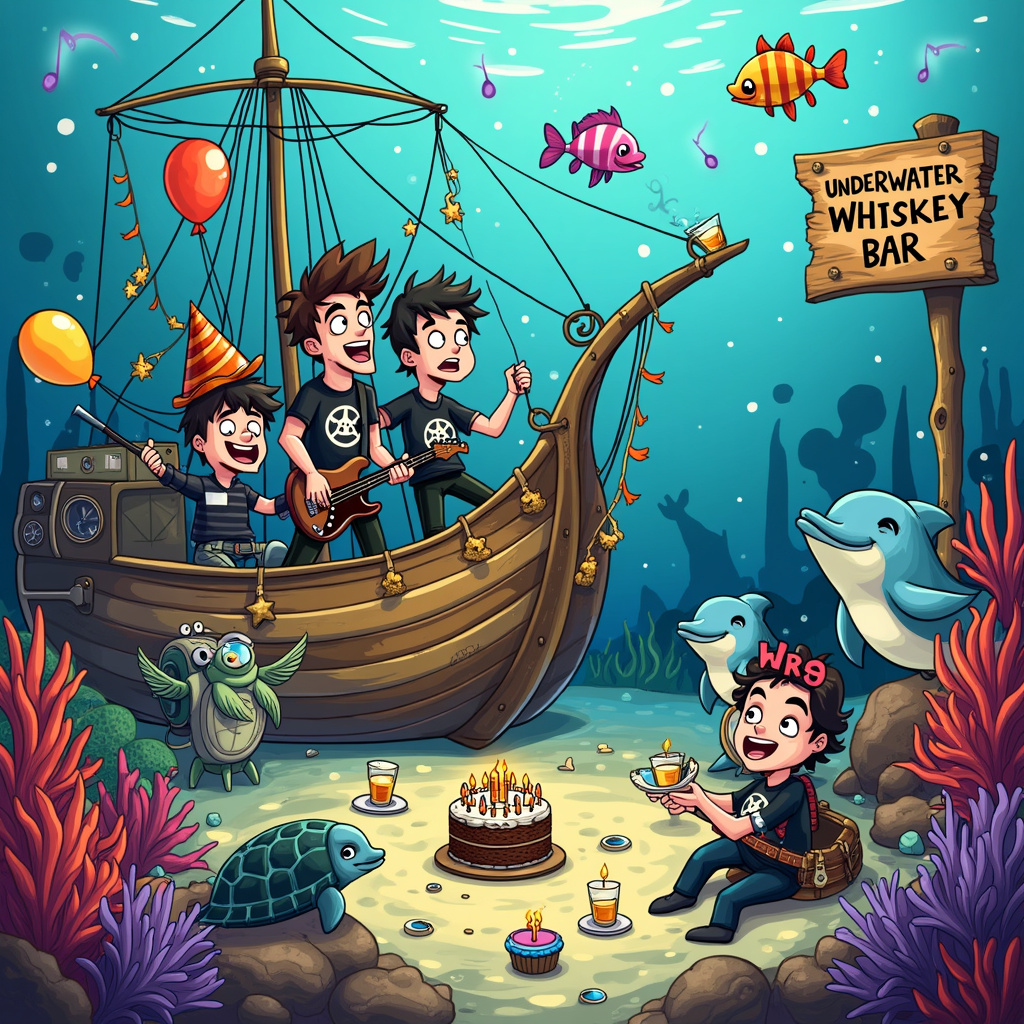 In a playful and dynamic cartoon style, imagine a whimsical underwater birthday bash scene where a Green Day concert is being held at an underwater whiskey bar! In the foreground, you'll see Billie Joe Armstrong, Mike Dirnt, and Tré Cool from Green Day donning scuba gear and rocking out on a stage made from a sunken pirate ship, with musical notes and air bubbles rising around them. Billie Joe's guitar is decorated with seaweed and starfish, while Mike's bass has a barnacle-covered amp, and Tré's drum set includes jellyfish as drum heads.

The background reveals a colorful coral reef adorned with birthday decorations. Sea anemones and vibrant coral formations serve as festive streamers, and pufferfish float by with "Happy Birthday" balloons tied to their tails. Among the coral, you'll find a wooden sign with "Underwater Whiskey Bar" painted in barnacle-encrusted letters.

Seated at a coral-formed bar, octopuses serve whiskey shots in clamshell glasses to an audience of cheerful marine creatures, including a school of angelfish clinking their glasses together in a toast. To the right, a sea turtle wearing a party hat is sipping whiskey through a straw, and to the left, a pair of dolphins are dancing in sync with the music, each wearing a tiny Green Day band t-shirt.

Adding more quirky details, a mermaid with flowing hair and a treasure chest of birthday gifts sits on a rock near the stage, and a blowfish DJ spins records on a turntable fashioned from an old ship's wheel. Scattered around the scene are underwater-themed birthday elements, such as a cake made of sand and shells with candles made from sea cucumbers.

All these elements come together to create an eccentric and lively underwater party, blending Green Day's punk rock vibe with the enchanting world of scuba diving and a dash of whiskey-fueled celebration!
Generated with these themes: Green Day, Scuba diving, and Whiskey.
Made with ❤️ by AI.