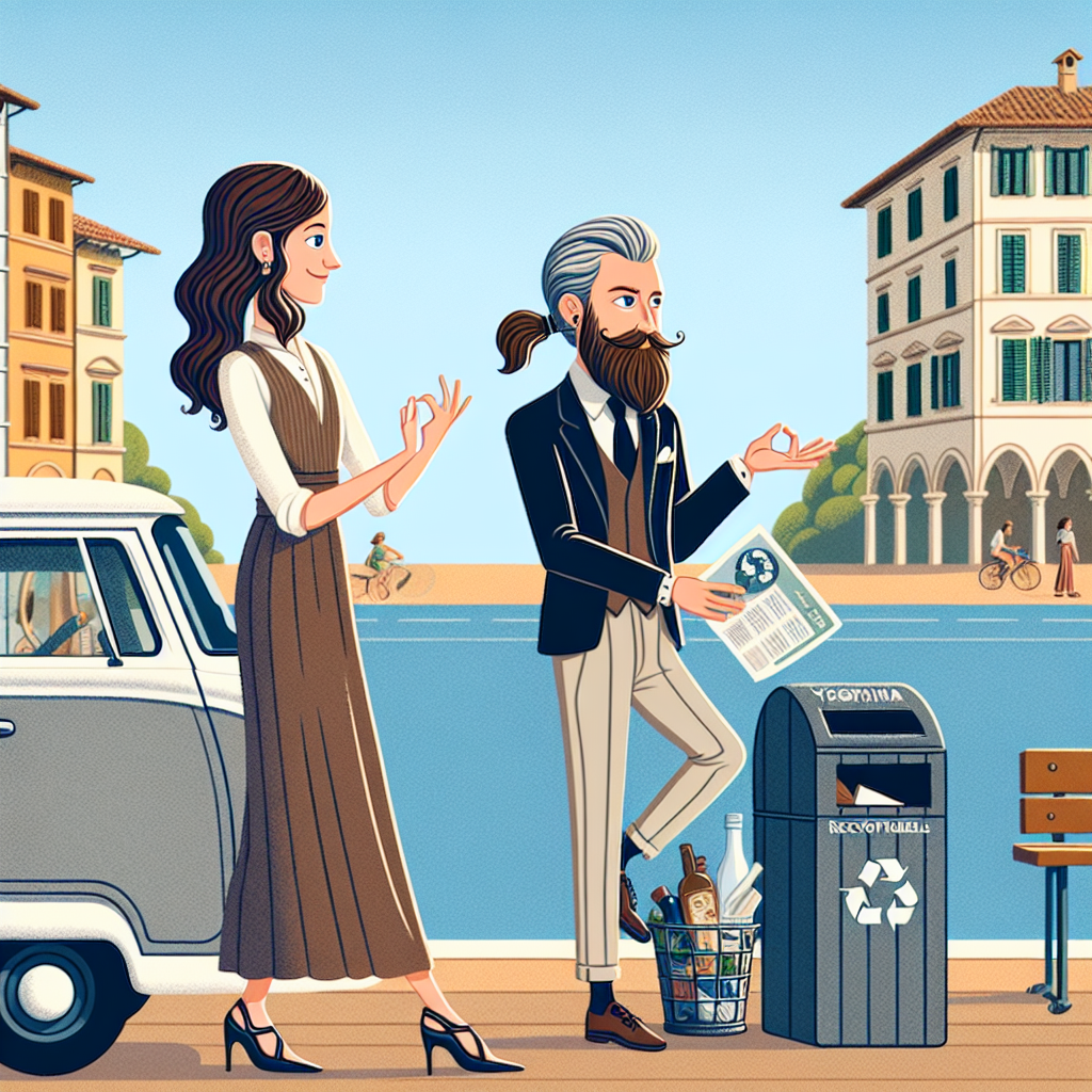 Create a humorous cartoon scene in Italy to celebrate a 20th wedding anniversary. The scene features a quirky yoga session in progress. An English man with a ponytail and a dignified beard is diligently separating recyclables at the front, symbolizing his eco-friendly habits. Standing next to him is an English woman who exudes elegance in her high heels and stylish dress; her long, flowing brown hair is gently blowing in the wind. A charming grey camper van is present in the background, suggesting previous and upcoming adventures. This scenario is a tribute to shared love and laughter.
Generated with these themes: Yoga, Grey camper van in the background, Italy, English white man with beard and ponytail doing recycling, English white woman with long brown hair and wearing high heels and dress, and 20th wedding anniversary.
Made with ❤️ by AI.