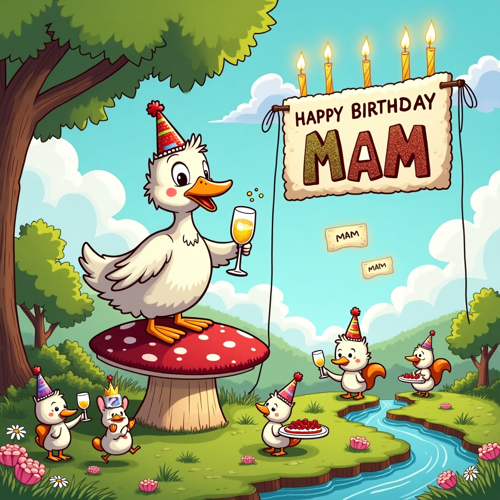 In a whimsical meadow where the sky is an artist's canvas of playful blues and cotton candy clouds, the scene is set for a birthday bash unlike any other. At the center of this cartoon caper is an old mother goose, her feathers slightly ruffled with age, yet impeccably styled with a tiny, glimmering tiara perched atop her head. She's seated on an oversized, plush toadstool that doubles as a regal throne, clearly in the mood for celebration. In her wing, she holds a delicate flute of bubbly champagne, tiny effervescent bubbles dancing their way to the rim. 

Surrounding her are a gaggle of younger geese, each wearing colorful party hats and flapping their wings in jubilant applause. They stand on a vibrant patch of green, sprinkled with daisies and dandelions that sway gently with the breeze. A trio of cheeky mice dressed as butlers scuttle about, carrying trays of delectable snacks like mini cheese wheels and acorn pastries.

Above this delightful assembly, two squirrels are seen playfully stringing a Happy Birthday banner between the branches of an apple tree. The letters on the banner spell out "Happy Birthday Mam!" in bold, festive colors, with each letter appearing to be crafted from an assortment of vibrant wildflowers. In the background, a jubilant sun beams down, and a group of clouds forms the shape of a cake with "Mam" whimsically embedded into the icing, surrounded by fluffy white candles.

To complete the scene, a stream weaves its way through the meadow, glistening in the sunlight and carrying floating birthday cards shaped like lily pads, with “Mam” elegantly handwritten on each. The entire setting is framed with a comic strip border reminiscent of vintage newspaper comics, an homage to the greats like Schulz and Watterson. This greeting card is an artful assembly of humor and heart, a charming celebration tailor-made for "Mam."
Generated with these themes: An old mother goose enjoying a glass of champagne.
Made with ❤️ by AI.