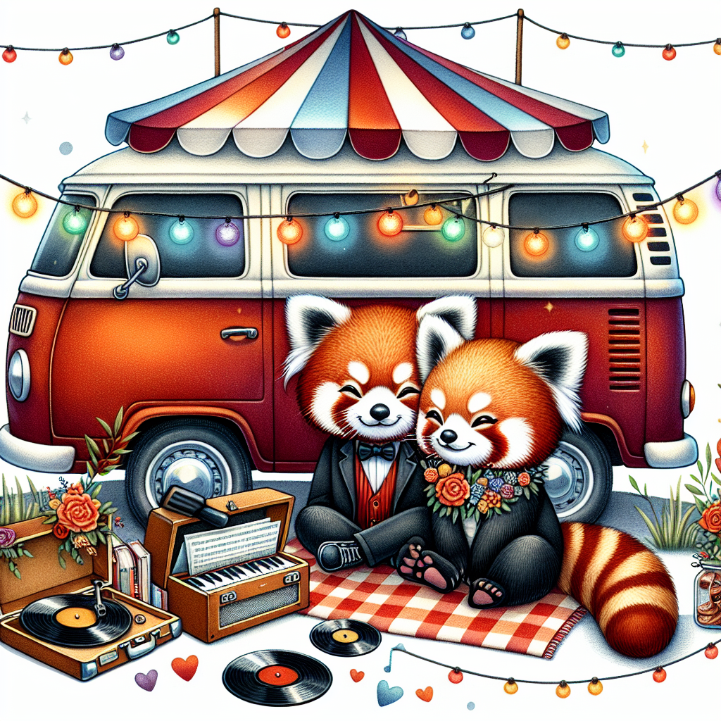 Create a whimsical illustration of a red panda couple celebrating their anniversary. They are next to a vintage camper van, symbolizing the numerous adventures they've shared together. Nearby, a vintage-style record player and scattered vinyl records rest on a checkered blanket, symbolizing their shared love of music. A canopy of colorfully strung lights creates a festive atmosphere, embodying their joy and celebration.
Generated with these themes: Red panda, camper van, vinyl records.
Made with ❤️ by AI.