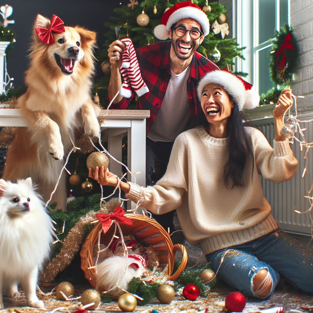 In this heartwarming Christmas scene, a male and female couple is shown enjoying the holiday spirit despite the playful havoc caused by their pets. The couple's golden retriever, full of energy, has tipped over a basket of Christmas decorations, playfully spreading glitter and ornaments around the room. The white Pomeranian, wearing a miniature red and white striped scarf, is tangled within a string of Christmas lights, adding to the joyous melee. Perched atop the mantelpiece, a white Persian cat, adorned with a festive bow, watches over the scene with a look of contented curiosity.
Generated with these themes: a male and female couple around a golden retriever making a mess, a white pomeranian dog and a white persian cat.
Made with ❤️ by AI.