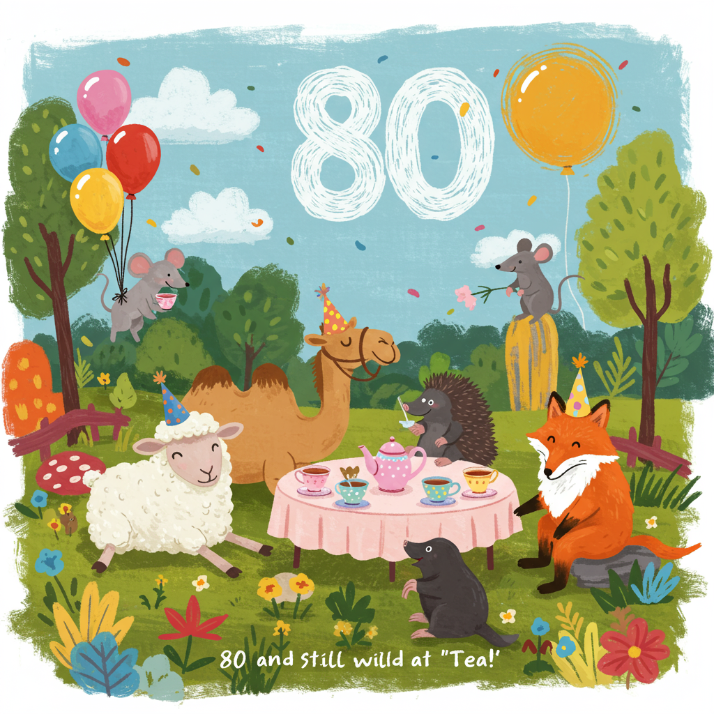 Lamb, camel, mouse, tea party, 80th clouds, woodland, fairytale,  blonde puppy, hedgehog, fox, mole,  balloons , and Birthday Card