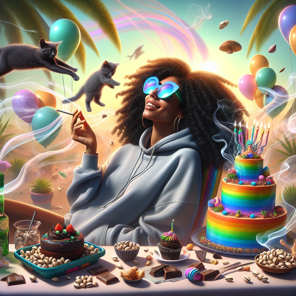 In a dreamscape of celebration, a mixed-race black woman with coiled curly black hair lounges happily in her hoodie, her face obscured by chic sunglasses that reflect a world of swaying palm trees. She is surrounded by a myriad of treats, from pistachios to chocolates and cakes, enjoying the festive atmosphere. A curious tabby kitten frolics nearby, playfully circling a rainbow-colored birthday cake that acts as the eye-catching centerpiece of the scene. The sunlit background is dotted with floating balloons, appearing like whimsical clouds, while subtle tendrils of marijuana smoke curl and waft. Surrounding her are scattered bottles of gin, inviting guests to join in the laughter and stories shared in this surreal, abstract birthday gathering.
Generated with these themes: Mixed race black woman with coil curly black hair wearing a hoodie, 1 Tabby cat kitten, Birthday cake celebration, Smoking marijuana weed, Presents and balloons, Sunglasses, Sunshine, Palm trees outdoors, Bottles of gin, and Pistachios chocolates cakes snacks.
Made with ❤️ by AI.