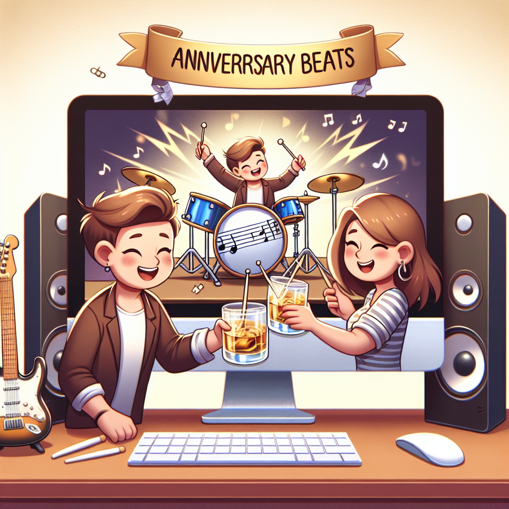 Create a heartwarming and whimsical image capturing a cartoonish pair toasting with whisky tumblers. They are situated next to a computer that presents a looping animation of the pair joyously playing drums together. Above the animation, a banner proudly proclaims 'Anniversary Beats'. Both the couple and their musical animation portray a celebration of their shared love for music and companionship.
Generated with these themes: Drums , Whisky , and Computer .
Made with ❤️ by AI.