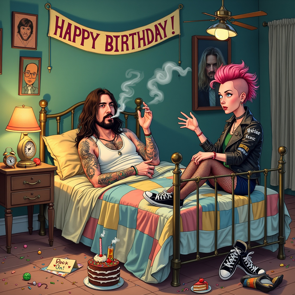 The front cover of the birthday greeting card features a humorously chaotic scene set in a dimly lit, vintage-styled bedroom. At the center of the illustration, you have Dave Grohl, instantly recognizable with his long, shaggy hair and iconic rockstar tattoos, lying comfortably in an old-fashioned brass bed. The bed is adorned with a patchwork quilt featuring quirky, mismatched patterns, adding to the eccentric vibe.

Dave is casually smoking a cigarette, with wisps of smoke curling around a funky, retro bedside lamp shaped like a mushroom. Beside him, a girl with a punk rock aesthetic, complete with a bright pink mohawk, fishnet stockings, and a leather jacket covered in band patches, is sitting up, seemingly engaged in an animated conversation. Her expression is a mix of surprise and amusement, her hands gesturing wildly as if she’s telling an outrageous story.

On the cluttered bedside table, you can see a vintage alarm clock with the time frozen at some absurd hour, a half-eaten slice of birthday cake with rainbow sprinkles, and an empty beer bottle with a party hat perched jauntily on top. Scattered on the floor are remnants of a wild night: confetti, streamers, and a few party poppers, as well as a guitar leaning casually against the bed, hinting at an impromptu jam session.

A cheeky touch: the bed's headboard has a small banner draped over it that reads “Happy Birthday!” in bold, colorful letters. Peeking out from beneath the quilt is a playful birthday card, and sticking out from the corner is a doodle of a cake with candles and the words “Rock On!” scrawled in a familiar handwriting.

In the background, the room's walls are plastered with posters of iconic rock bands, and a pair of well-worn Chuck Taylors dangles from the ceiling fan, swinging gently as if left there from a daring escapade. The entire scene is packed with whimsical details that tell a story of a birthday celebration gone hilariously off the rails, capturing the spirit of rock 'n' roll and carefree fun.
Generated with these themes: Dave Grohl in bed smoking a cigarette with a girl .
Made with ❤️ by AI.