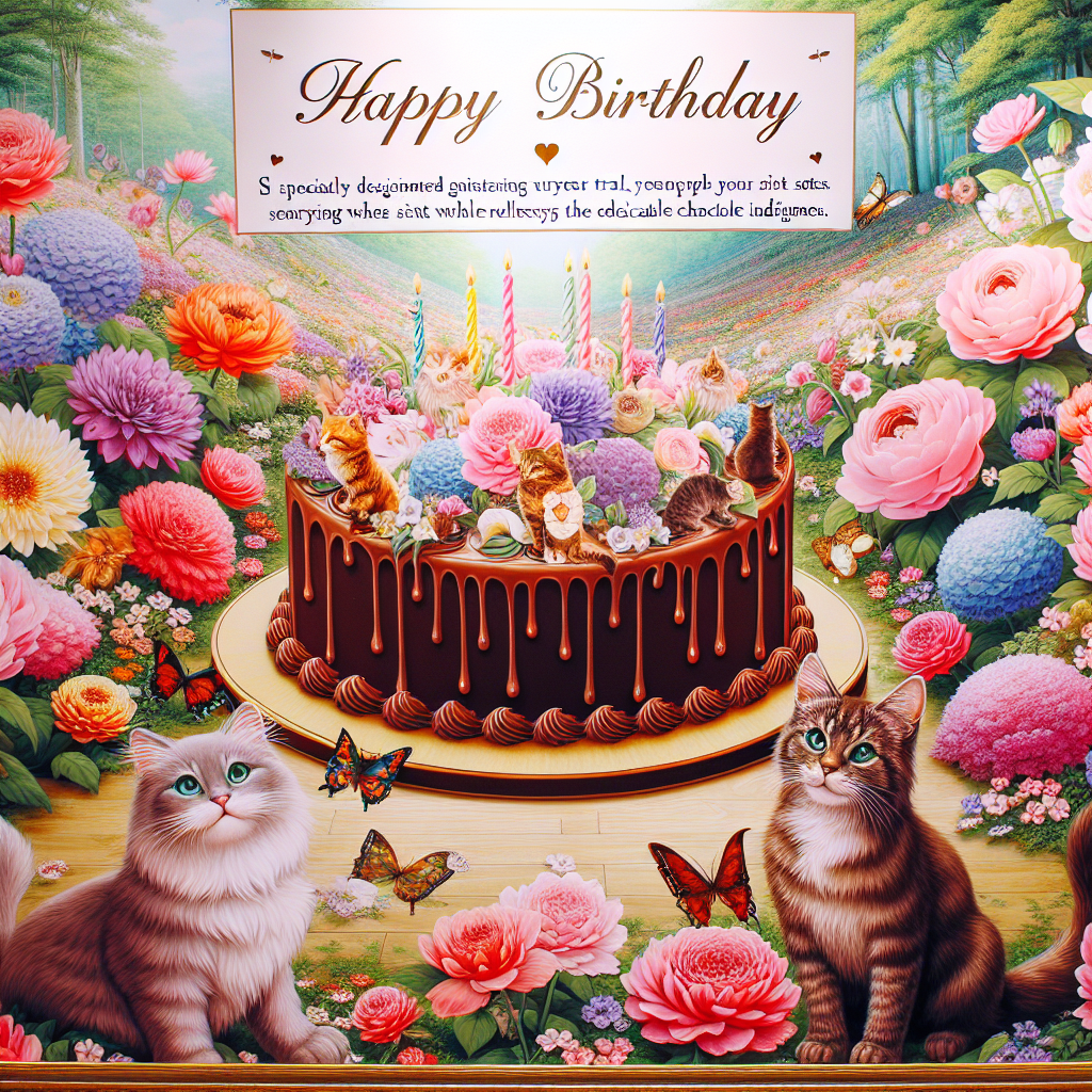 Visualize a lively birthday setting where a stunning collection of colorful flowers create a pleasantly fragrant and scenic backdrop. Soft purring felines, exuding an aura of grace and tranquility, move freely among the diverse mix of visitors. A centerpiece stealing everyone's attention is an exquisitely crafted chocolate cake, decorated with delicate flower petals and intricate cat-shaped embellishments. There is a specially designated trail guiding guests through the scene, suggesting them to relish the natural sights while relishing delectable chocolate indulgences.
Generated with these themes: Flowers, Cats, Chocolate, and Walking.
Made with ❤️ by AI.