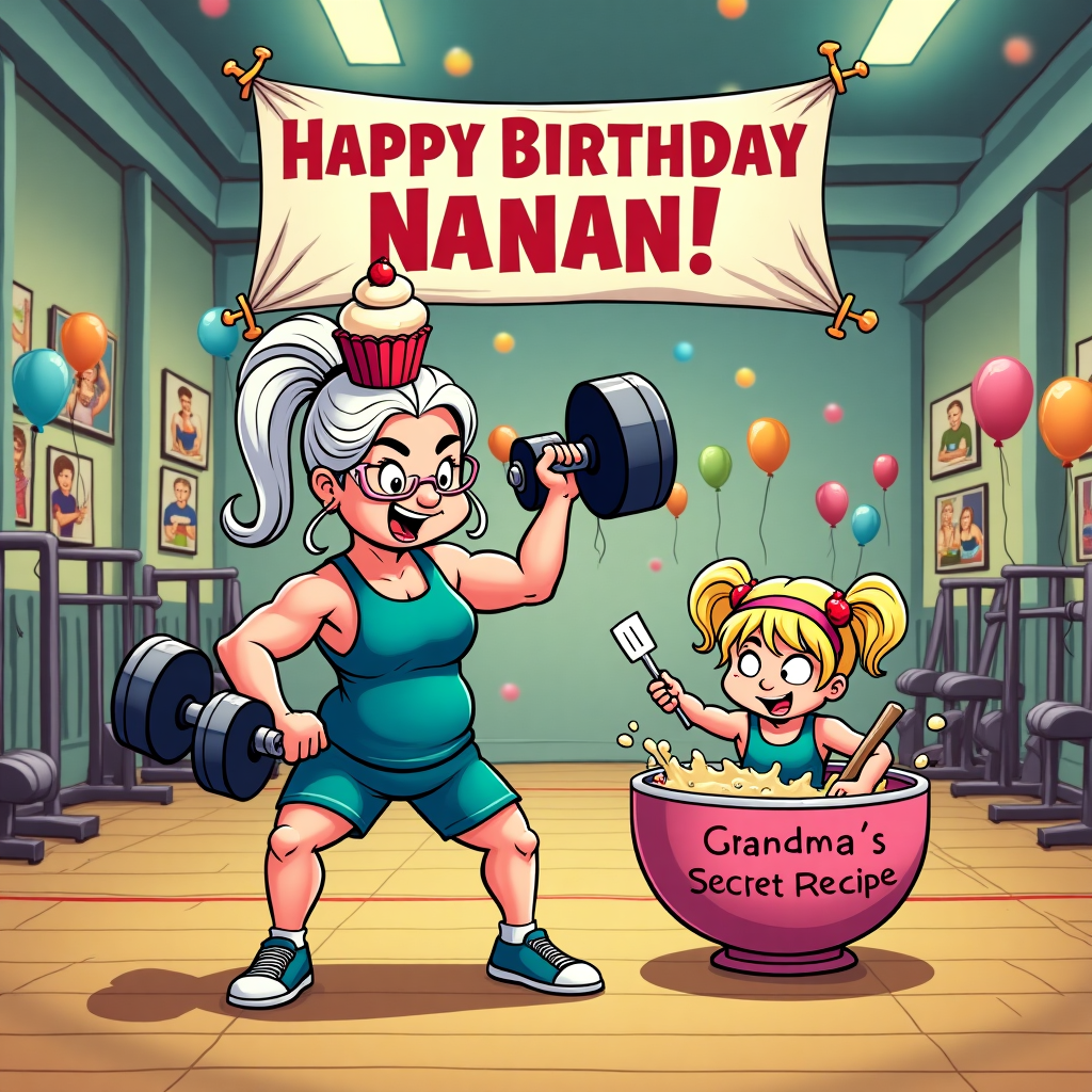 In this whimsical birthday card scene, set in a vibrant cartoon style reminiscent of classic comics, a bustling gymnasium is transformed into a zany birthday bash. The backdrop is a colorful, bustling gym with all the typical gym equipment comically oversized and decorated with festive balloons and streamers. In the foreground, a feisty Grandma, wearing her gym gear with her hair in a comically high ponytail, is lifting an oversized dumbbell. Her expression is one of comedic determination as she balances a cupcake on her head, showcasing her multitasking skills. Next to her is a blonde baby girl, wearing a mini tracksuit with an oversized headband, mischievously mixing batter in a giant bowl labeled "Grandma's Secret Recipe" with a spatula twice her size. Above them, a banner unfurls with gym ropes, humorously combining exercise with celebration, reading "Happy Birthday Nanan!" in bright, playful letters. In the background, the gym walls are lined with framed photos of Grandma and the baby in various baking competitions, cleverly combining the baking theme into the scene. Each element is drawn with exaggerated expressions and proportions, capturing the fun and chaos of a gym-turned-bakery birthday extravaganza.
Generated with these themes: Grandma, Baby girl blonde, Gym, and Baking.
Made with ❤️ by AI.