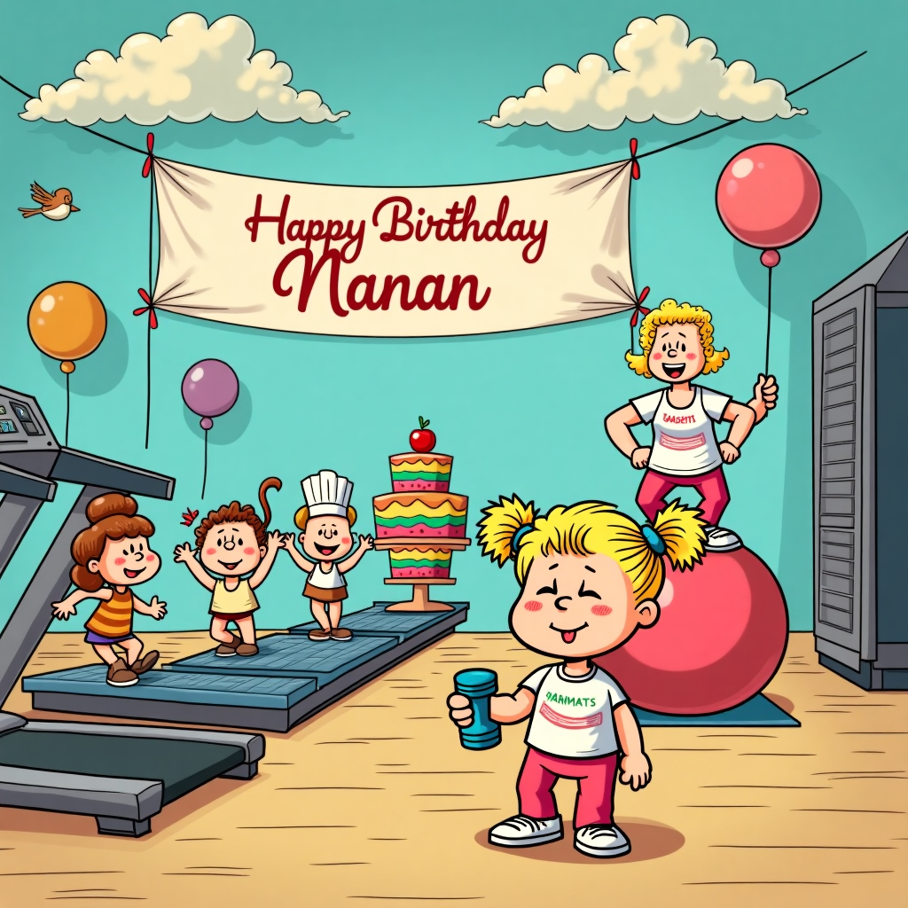 The scene unfolds in a whimsical gym-bakery mash-up, bursting with vibrant colors and bustling activity, reminiscent of a Peanuts and Calvin and Hobbes collaboration with a touch of Disney magic. In the foreground, an energetic blonde baby girl, with curly pigtails and a cheeky grin, attempts to lift a tiny, brightly colored dumbbell. Her determined face is priceless, eyes squeezed shut and tongue peeking out in concentration. Behind her, a sprightly Grandma, donning bright pink leggings and a vintage "Jazzercise" T-shirt, is balancing on a giant exercise ball while icing a towering multi-layered cake with rainbow frosting.

In the background, a group of anthropomorphic pastries—think muffins with muscular arms and doughnuts with headbands—are enthusiastically engaged in a synchronized aerobics routine on tiny yoga mats, their expressions comically focused. A large banner hangs overhead, strung from the gym’s ceiling, made of pastel-colored baking ingredients spelling out "Happy Birthday Nanan" in elegant, looping script, with the "i" dotted by a cherry.

Above, fluffy clouds in the shape of cartoon weights float lazily across a bright blue sky, with birds wearing tiny chef hats flitting between them. To the left, a treadmill is creatively repurposed as a conveyer belt where Grandma's freshly baked goods are cooling, with a loaf of bread wearing a tiny sweatband being "sprinted" off the end.

The scene is lively and full of charming, humorous details, encapsulating the joy of a birthday celebration that ingeniously blends the seemingly disparate themes of fitness and baking, all centered around the joyful chaos that only a fun-loving Grandma and an adventurous baby can create.
Generated with these themes: Grandma, Baby girl blonde, Gym, and Baking.
Made with ❤️ by AI.