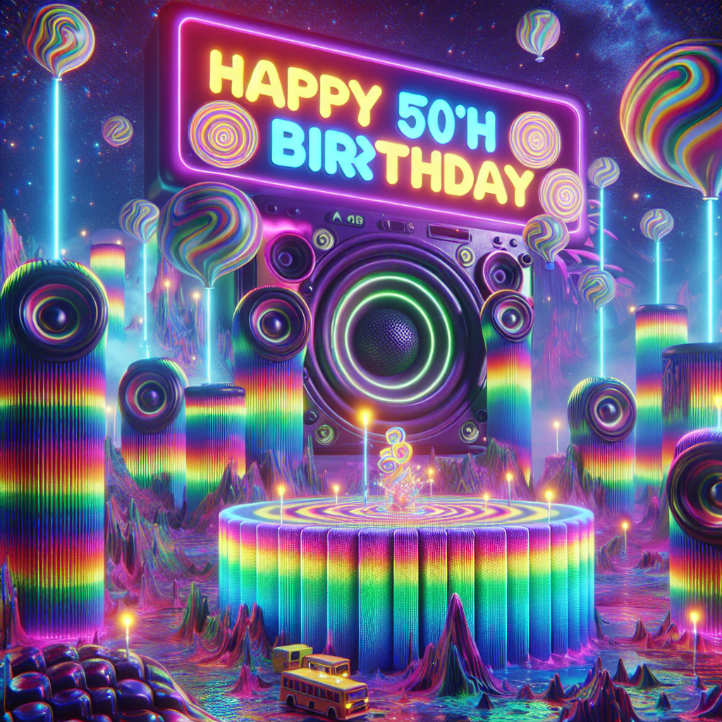 In a fantastical realm inspired by human imagination, a surreal celebration of a fictional person's milestone birthday unfurls. Saturated with fluorescent colors and throbbing patterns reminiscent of the iconic visual style of the 90's acid techno raves, the scene is a spectacle. Giant, cartoon-like speakers dominate the landscape, throwing out visual sound waves synchronized with the distorted beat of the rave music. Suspended in this dreamy setting are the festive words 'Happy 50th Birthday', designed in a vibrant, nostalgic typography that encapsulates the spirit of an era renowned for its bold expressions of music and art.
Generated with these themes: Happy 50th Birthday Terry, 90's acid techno rave music, speakers.
Made with ❤️ by AI.