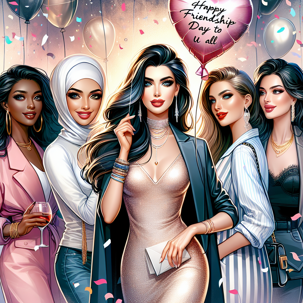 Create an enchanting illustration that commemorates an anniversary. In this image, depict a contemporary South Asian lady dressed in chic attire, surrounded by her friends. These friends include a Middle-Eastern woman, a Hispanic man, a Caucasian man, and a Black woman, all dressed in fashionable, modern styles. The main figure is holding a heart-shaped balloon with the phrase 'Happy friendship day to u all' written on it. She radiates a warm smile, and the atmosphere is filled with digital confetti, accentuating the joyous and stylish scene.
Generated with these themes: A modern ladywish all  her friends ,Happy friendship day to u all.
Made with ❤️ by AI.