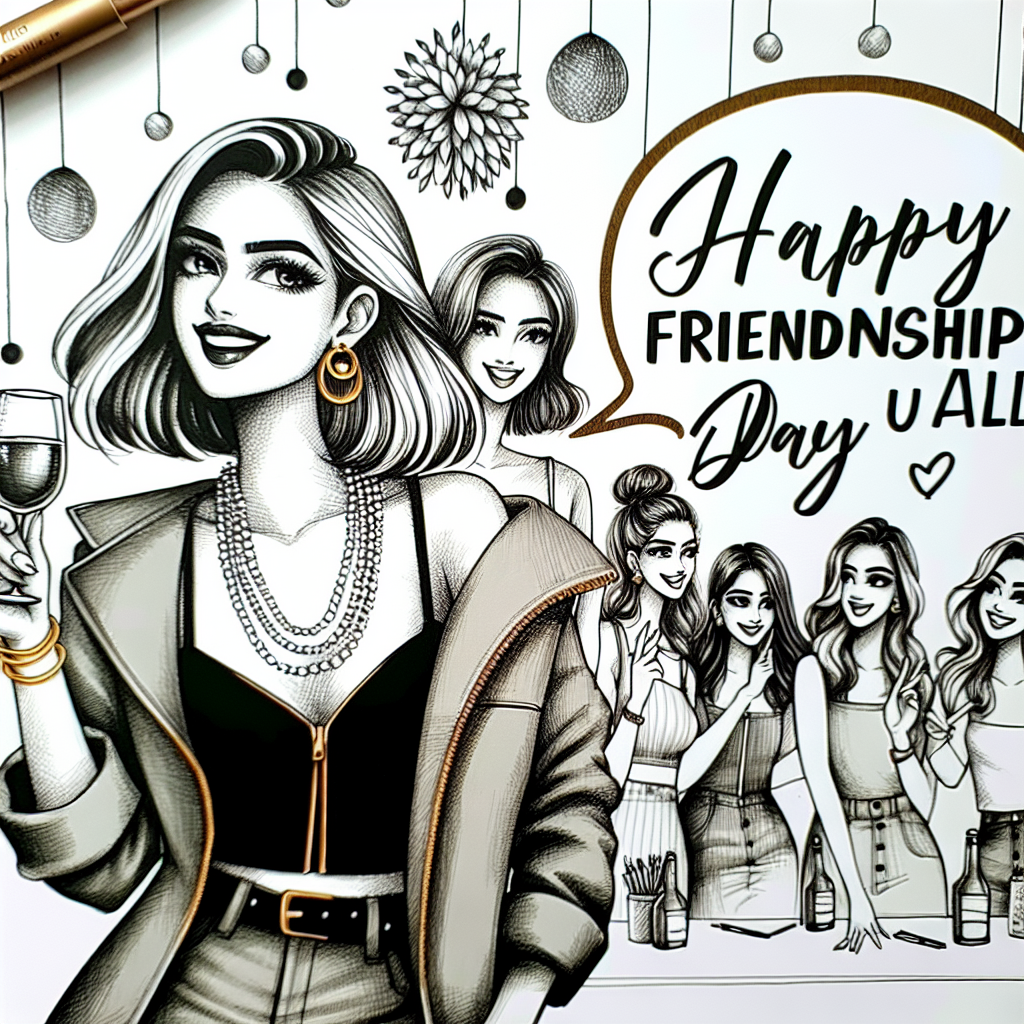 Illustrate an image for an anniversary celebration featuring a trendy South Asian woman reveling in the festivities with her dear friends of various genders. A speech bubble elegantly hovers over her, showcasing the words, 'Happy friendship day to u all,' embellished in a whimsical typeface. The drawing should convey a lively and contemporary ambiance of camaraderie, set against a backdrop showcasing minimalist decor to stand for the purity of genuine friendship.
Generated with these themes: A modern ladywish all  her friends ,Happy friendship day to u all.
Made with ❤️ by AI.