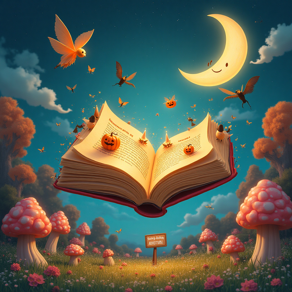 At the top of the Surreal Style image, "HAPPY birthday Noa" is playfully woven into the dreamscape.

### Image Prompt:

In a whimsical, Dali-inspired landscape, a giant, enchanting book titled "Haunting Adeline" levitates in the center, with its pages slowly turning on their own. Each page reveals a vibrant Halloween scene: dancing pumpkins with tiny witch hats, bats gracefully fluttering around glowing candles, and mischievous ghosts peeking from the book’s edges. Surrounding the book, a meadow made of plush, candy-colored mushrooms gently sways. Delicate, luminous fairies with sparkling wings flit around, casting soft, shimmering light. In the sky above, a surreal crescent moon with a friendly, smiling face watches over the celebration, creating an atmosphere of cute and dreamlike wonder. In the meadow, a small sign reads: "Have a Magical Birthday Adventure!"
Generated with these themes: Book: Haunting Adeline , Halloween, Made Meadows, and .
Made with ❤️ by AI.