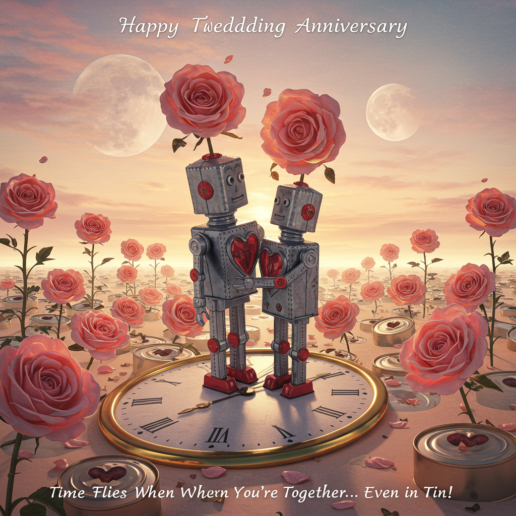 At the top of the Surreal Style image, "Happy Tenth Wedding Anniversary" in elegant, flowing script.

**Image Description:**

In a dreamlike, surreal landscape, a pair of vintage tin robots, with delicate heart-shaped clockwork mechanisms, stand in a whimsical embrace atop a melting clock. The sky swirls in shades of pastel pink and gold, echoing a romantic sunset. Oversized roses bloom from the metallic bodies of the robots, petals shimmering like liquid metal. Around them, a garden of oversized, floating tin cans forms a heart-shaped path, leading into the distance where two moons hover, their surfaces reflecting each other like soulmates. 

In the bottom corner of the image, the text playfully reads: "Time Flies When You're Together... Even in Tin!"
Generated with these themes: Tin , and .
Made with ❤️ by AI.
