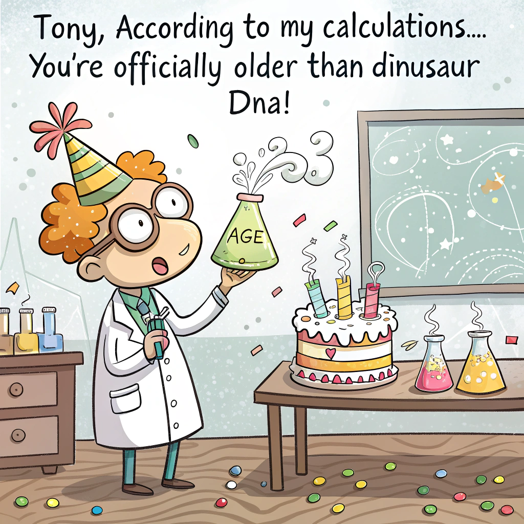 At the top of the image, "Tony, according to my calculations... you're officially older than dinosaur DNA!"

– Illustrate a whimsical cartoon laboratory where beakers are bubbling over with confetti, a whiteboard filled with doodled equations like “Age = ∞”, and a nerdy cartoon scientist (complete with goggles and a wild birthday hat) examining a fossilized birthday cake with a magnifying glass.

– A comically shocked dinosaur skeleton is peeking through the lab window, holding a birthday balloon labeled “Jurassic Party!”.
Generated with these themes: Science.
Made with ❤️ by AI.