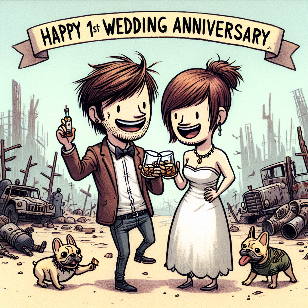 Draw a whimsical cartoon illustrating a celebrating Caucasian couple, marking their 1st wedding anniversary amidst a setting reminiscent of a generic post-apocalyptic video game world. The man sports tousled brown hair, and the woman flaunts brown hair styled with a fringe. They cheerfully clink whisky glasses, their joyous expressions sharply contrasting with the desolate surroundings, embodying the triumph of their love even in a harsh world. At their feet, a pair of lively French bulldogs play, contributing an unexpected warmth to the otherwise grim scene.
Generated with these themes: White couple. Man with brown hair. Woman brown hair and fringe, Fallout video game, Drinking whisky, French bulldogs, and 1st wedding anniversary.
Made with ❤️ by AI.