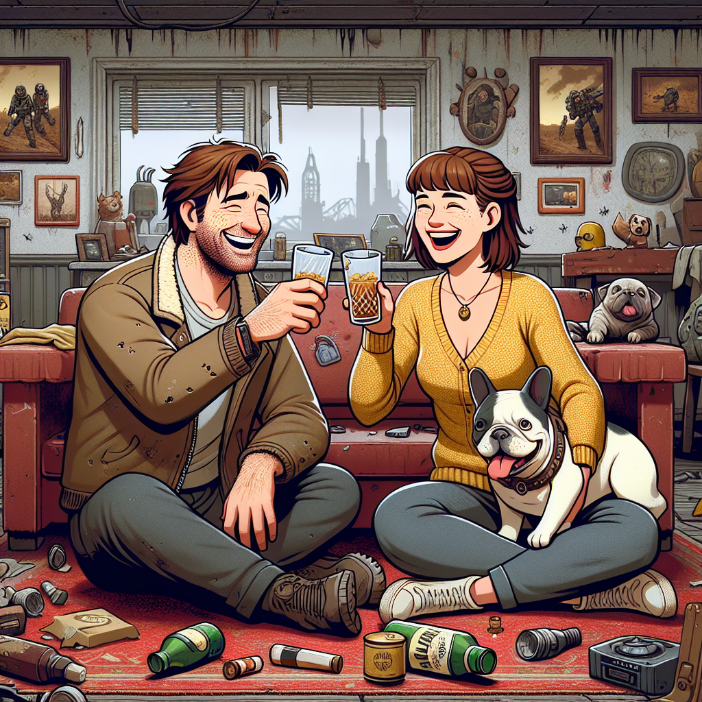 Illustrate a humorous scene set in an old, rundown living room reminiscent of settings in post-apocalyptic video games. A white couple is celebrating their first wedding anniversary in the room. The man, whose brown hair is slightly disheveled, is making a toast with his wife, who has brown hair styled with a fringe. They are both laughing, sipping whisky and surrounded by memorabilia that echo the aesthetics of these video games. Two French bulldogs are cuddling close to them, embodying the couple's love and companionship.
Generated with these themes: White couple. Man with brown hair. Woman brown hair and fringe, Fallout video game, Drinking whisky, French bulldogs, and 1st wedding anniversary.
Made with ❤️ by AI.