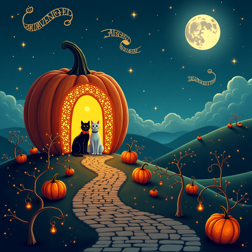 In this surreal vector scene, a whimsical Halloween night unfolds beneath a sky of deep indigo and shimmering stars. At the center, a grand, oversized pumpkin, intricately carved with elaborate filigree patterns inspired by Malika Favre's bold simplicity, sits regally on a hill. The pumpkin's glowing interior reveals an enchanting miniature scene: a tiny, quaint chapel with gothic architecture akin to Von Glitschka’s detailed artistry, where miniature tabby and black and white cats are seen joyously preparing for an engagement ceremony. The cats are adorned in elegant miniature outfits; the tabby cat sports a tiny bow tie, while the black and white cat wears a delicate lace veil. 

In the foreground, a cobblestone path, winding like a ribbon, is lined with peculiar, spiraling vines of luminescent pumpkins in varied hues of orange and teal, echoing Orlando Arocena’s vibrant color palette. Along the path, two larger-than-life, spiraling banners twist upwards, intertwined in the design of the path, with “Jake and Rachel” spelled out in ornate, gothic lettering reminiscent of Patrick Seymour’s intricate line work, each letter crafted from glowing vines and moonlit mist.

The sky above is animated with surreal, floating ghost cats—translucent and playful—casting a gentle, mystical light over the scene. These spectral feline figures add an element of surprise, each holding a lantern made from tiny pumpkins, their lights casting intricate shadows on the ground below, a nod to Joshua Davis’s dynamic layering technique. 

In the distance, a horizon dotted with undulating hills mimics the geometric designs of Matt W. Moore, subtly echoing the engagement theme with silhouetted shapes of rings and intertwined hearts. All these elements together create a storybook scene filled with detail and whimsy, celebrating Jake and Rachel’s engagement amidst a fantastical Halloween tableau.
Generated with these themes: Halloween, Pumpkin, Tabby and black and white cats, and Engagement.
Made with ❤️ by AI.