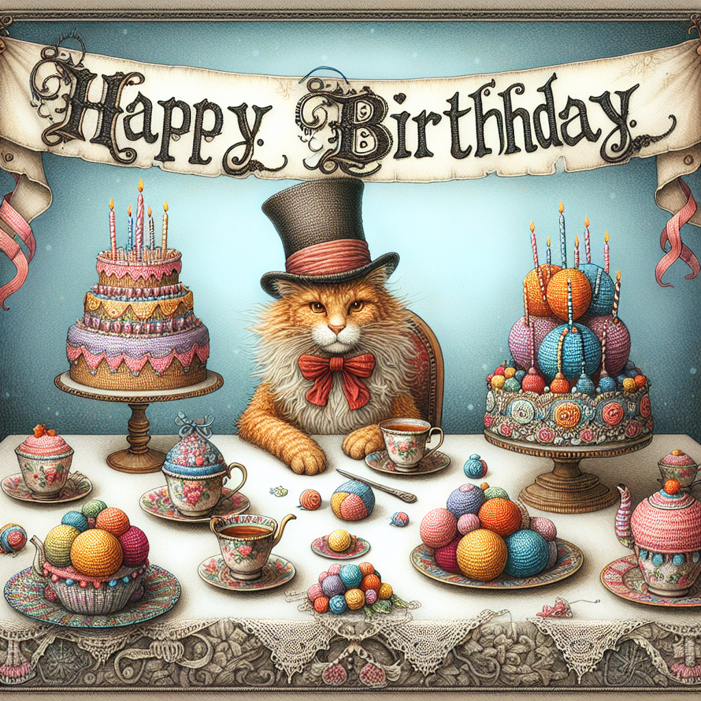 Create an image of a whimsical birthday illustration. The main character of the scene is a ginger cat, donning a top hat reminiscent of a fantastical fictional character from a much-loved children's story. Its attire hints towards the character's eccentricity and the fantastical world it inhabits. The feline sits elegantly at a festively decorated table, abundantly covered with whimsical crochet birthday cakes and teacups. Above the setting is a banner with the inscription 'Happy Birthday', written in an ornate script that evokes the feeling of an ancient and magical language used by mythical beings in a fantasy novel.
Generated with these themes: Ginger cat, Alice in wonderland, Lord of the rings, and Crochet.
Made with ❤️ by AI.