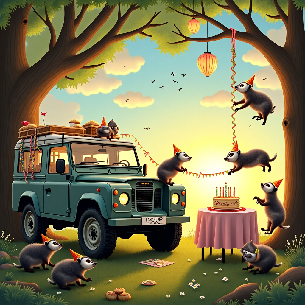 The scene unfolds in a whimsical clearing of an enchanted forest, bathed in the golden light of a setting sun. At the forefront, a classic Land Rover Defender is parked, its doors flung open, revealing a delightful chaos of picnic baskets and vibrant party streamers draped over its rugged exterior. In front of the vehicle, a group of mischievous badgers, dressed in miniature party hats and tiny bow ties, are engaged in a playful game of tug-of-war with a brightly colored bunting that spells out "Happy Birthday Pete!" The bunting stretches from the side mirror of the Land Rover to the trunk of a grand, ancient tree.

To the right, a trio of cheeky monkeys swing from the low-hanging branches, each holding a perfectly baked pie. One monkey is perched on the hood of the Defender, comically balancing a pie on its head. Another monkey, mid-swing, is tossing a pie into the air, its trajectory tracing a path towards the badgers below, who look up in delightful anticipation.

In the background, a lush carpet of wildflowers leads to a small clearing where a whimsical tea table is set with an array of fantastical pastries, teacups, and a grand birthday cake topped with lit candles. The cake is artfully inscribed with "Pete" in flowing, icing letters. Above the table, suspended by invisible strings, are colorful paper lanterns shaped like tiny Land Rovers and animals, casting a warm, inviting glow over the scene.

In the sky above, fluffy clouds form the shape of a whimsical Land Rover, while birds fly in a V formation that subtly mimics the letters of "Pete." The scene is framed by the intertwining branches of tall trees, whose leaves are adorned with glittering fairy lights, lending an air of enchantment and celebration to this magical birthday adventure.
Generated with these themes: Land rover defender, Badgers, Monkeys, and Pies.
Made with ❤️ by AI.