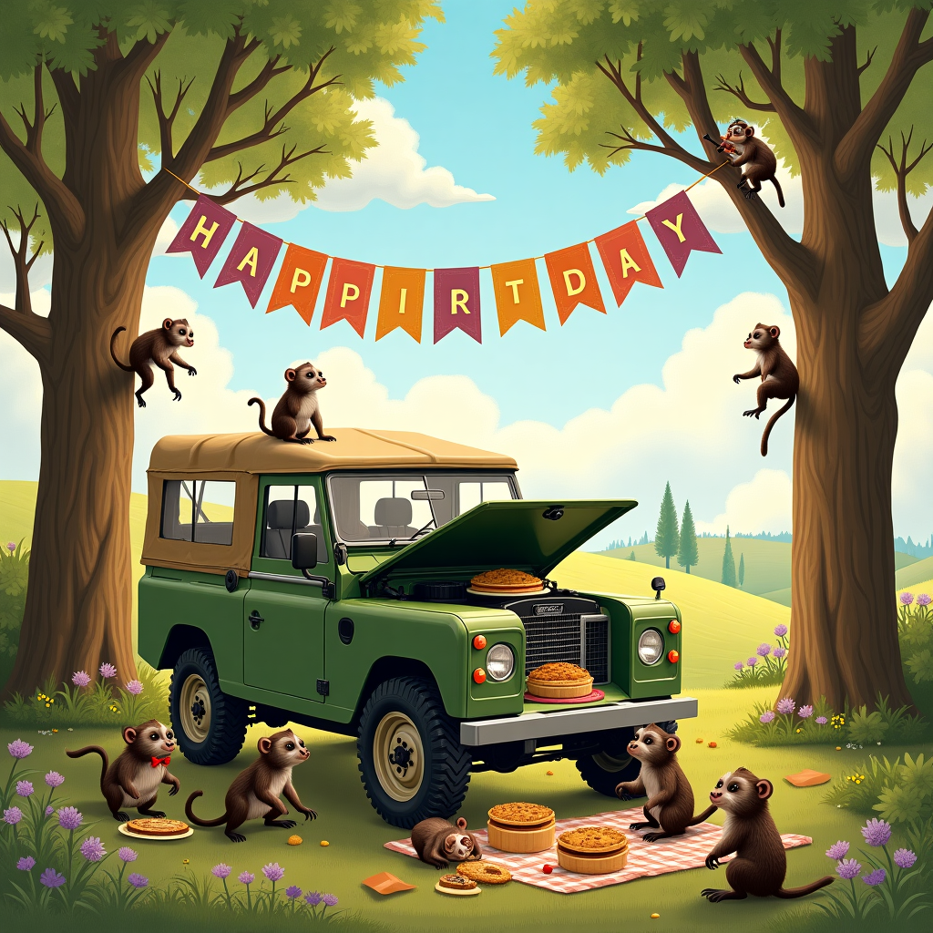 In the heart of an enchanting forest, a whimsical birthday scene unfolds. A classic Land Rover Defender, gleaming in a rich olive green, is parked in a clearing surrounded by towering, ancient trees. Its open trunk serves as an impromptu table, laden with an assortment of delicious pies, their golden crusts inviting and warm under the dappling sunlight. Surrounding this charming vehicle are playful badgers, dressed in tiny waistcoats and bow ties, reminiscent of Beatrix Potter’s beloved characters. They are busy setting up a delightful picnic with plates and napkins, while a few badgers curiously peer into the car windows, intrigued by the scene inside.

Above, in the canopy of the trees, mischievous monkeys swing and chatter, their agile movements a blur of brown and gray. They’ve hung a vibrant, handmade banner that stretches across the treetops, spelling out “Happy Birthday Pete!” in large, colorful letters that flutter gently in the breeze. One cheeky monkey holds onto the ‘P’ in Pete, giving it a little swing to ensure it catches the eye.

In the background, a gently sloping hill can be seen, its grassy expanse dotted with wildflowers in hues of violet and yellow, reminiscent of a Maxfield Parrish landscape. The sky is a canvas of soft, pastel blues and pinks, where fluffy clouds float lazily. If you look closely, the clouds seem to form the shape of a pie, a subtle nod to the feast below. Scattered among the scene are small, hidden details, such as a tiny pie crumb trail leading to a badger’s den and a monkey wearing an aviator cap, perhaps hinting at adventures yet to come in the trusty Land Rover. Every element of the scene is crafted with an attention to detail, capturing the unique essence of Pete's special day.
Generated with these themes: Land rover defender, Badgers, Monkeys, and Pies.
Made with ❤️ by AI.