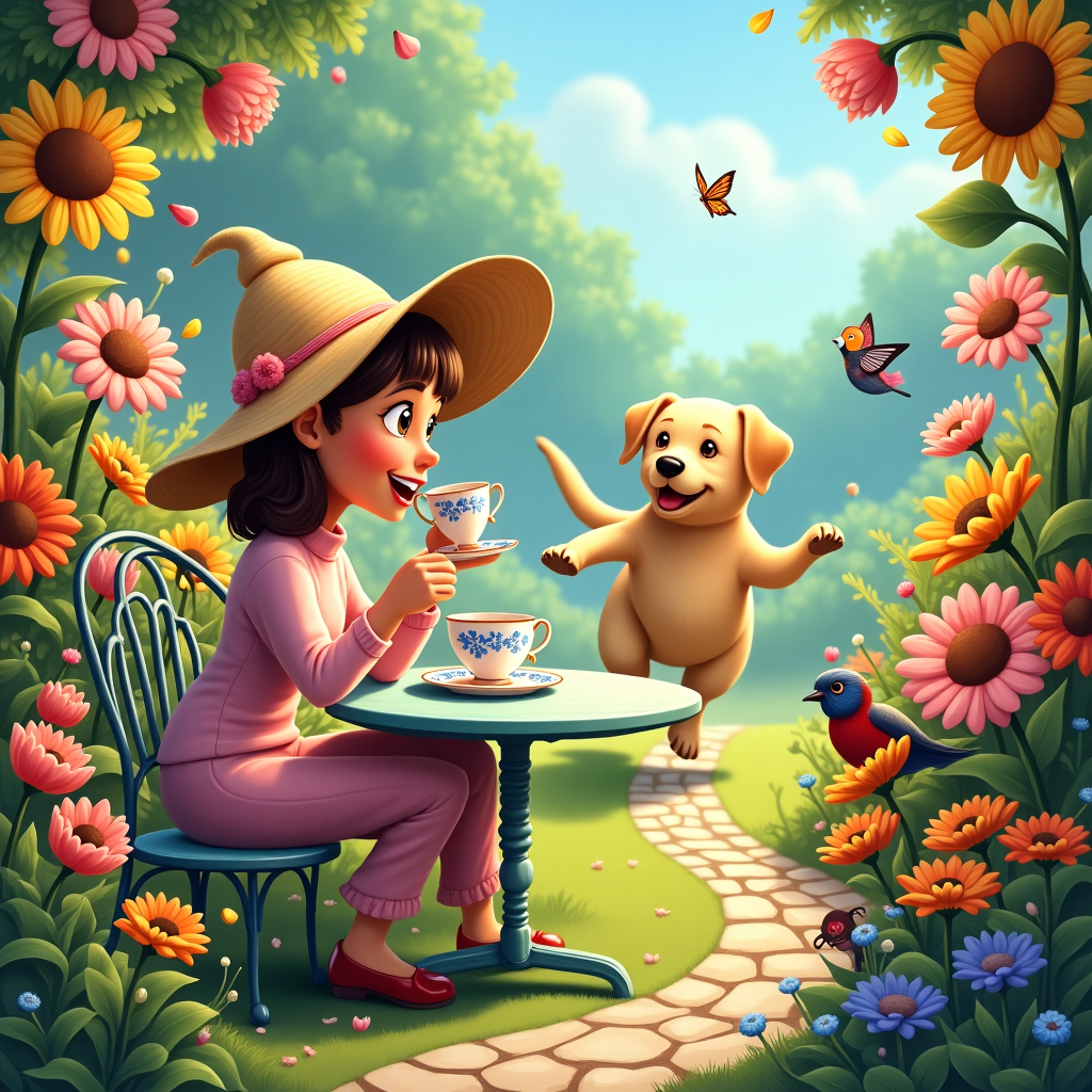 In the middle of a whimsical garden bursting with color, an exuberant tapestry of oversized daisies, vibrant tulips, and plump sunflowers frame a winding cobblestone path. This path playfully meanders through the kaleidoscope of blooms, inviting the viewer to follow it. At the end of this floral journey sits a quaint, round wooden table painted in a cheerful pastel hue. A lady, with a wide-brimmed straw hat adorned with tiny painted flowers, is perched on a vintage wrought iron chair, sipping tea from a delicate porcelain cup that boasts an intricate pattern of blue forget-me-nots. Her eyes crinkle with amusement as she watches her Labrador Retriever, a golden blur of energy, frolicking on the manicured lawn. The Labrador, in mid-leap, has caught sight of a fluttering butterfly and is in hot pursuit, his tongue lolling and ears flapping. The sun bathes the entire scene in a warm, golden glow, casting soft shadows that dance across the petals and leaves. Nearby, a mischievous gnome statue, resembling something out of a storybook, peeks out from behind a cluster of marigolds, seemingly enjoying the playful spectacle. A pair of whimsical birds, one red and the other blue, perch on the edge of the table, eyeing the scene curiously, perhaps hoping for a crumb from the lady's plate. This delightful scene, reminiscent of a world where cartoon charm meets the magic of a blooming garden, is a celebration of a birthday filled with laughter, joy, and the carefree spirit of both human and canine.
Generated with these themes: A large garden in full bloom, A pathway through the flowers has a table at the end, and A lady is sitting at the table drinking tea while watchin her Labrador retriever play on the lawn.
Made with ❤️ by AI.