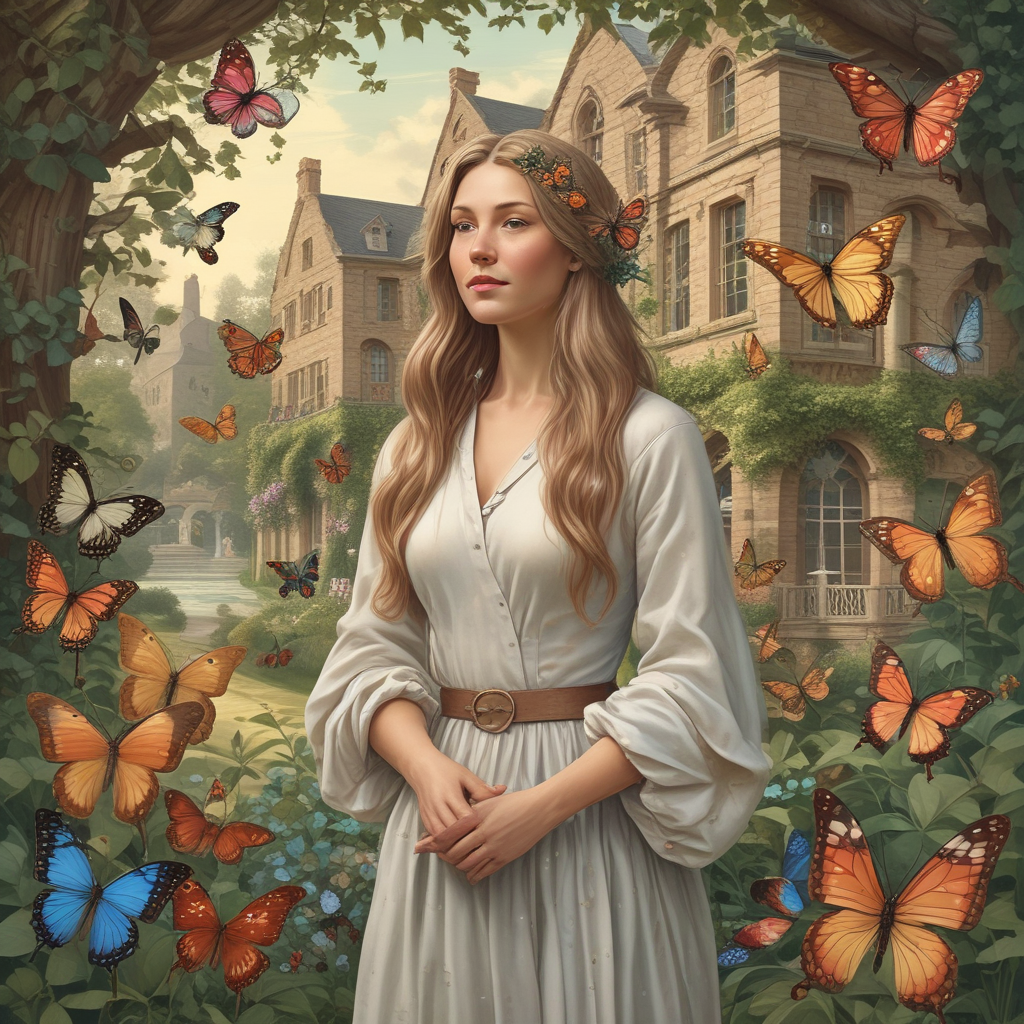Illustration Solemn, Create an image of a mature, elegant woman with long, dark blonde hair, presenting a calm and composed demeanor, celebrating her birthday in a beautiful, tranquil garden setting. Numerous butterflies should be visible in the scene, fluttering about peacefully. Behind her, depict a time-worn almshouse with its aged facade that creates an aura of nostalgia and celebration. The overall theme should be serene and reflective.
Generated with these themes: Tall slim lady long dark blond hair, Ladylike, Butterflies, Garden, and Almshouse .
Made with ❤️ by AI.