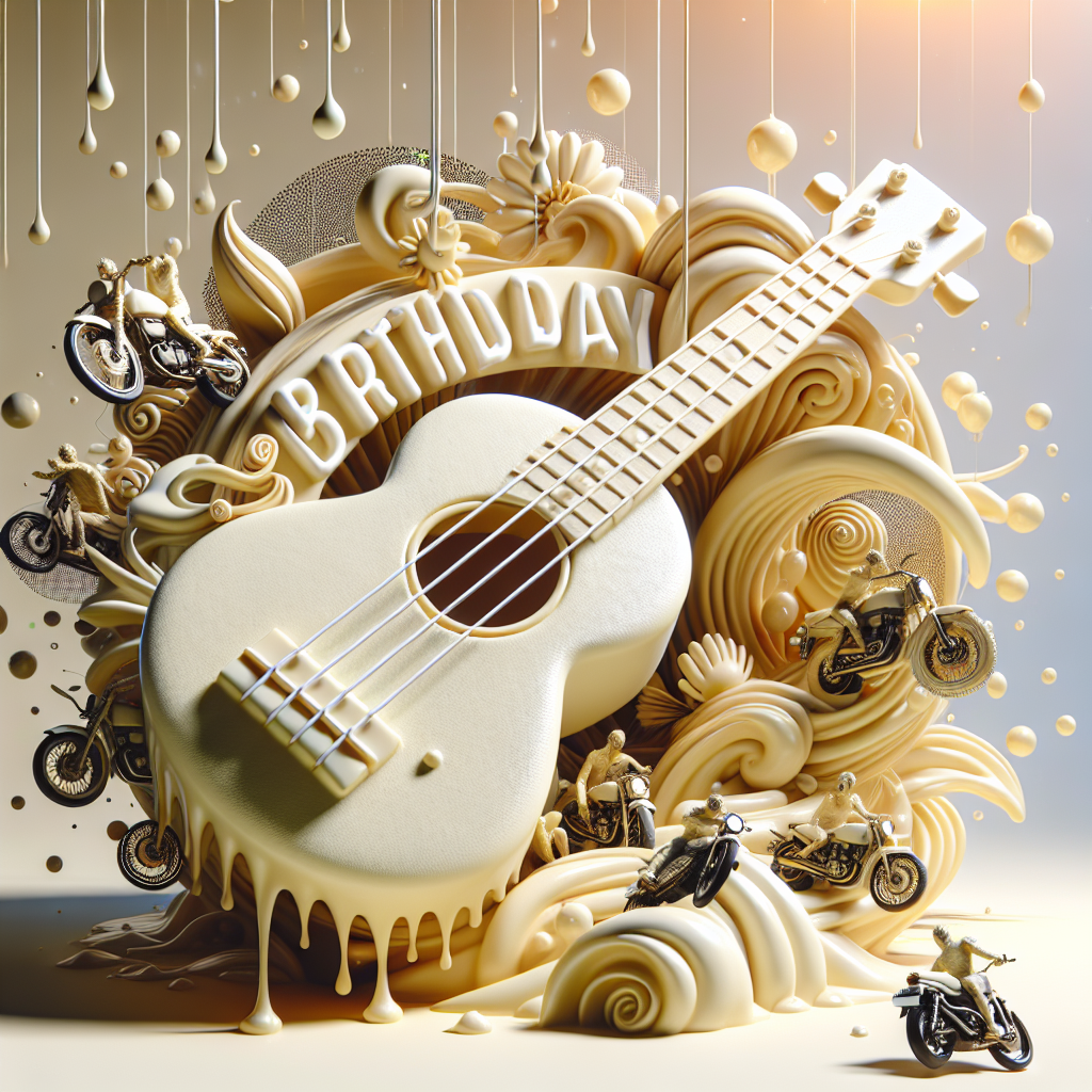 Envision a delightful birthday scenario that melds the common and the extraordinary: centrally placed is a colossal ukulele crafted from cream. This creative stage is occupied by a group of minute individuals who are passionate about motorbikes, captivatingly performing celebratory tunes. The string of the cream ukulele, wet with cream droplets, mirrors the happiness in the ambiance. Surrounding this stage are abstract renditions of motorbikes transforming into fantasy animals, enticing visitors to engage in a surreal journey towards the limitless horizon and the boundless joy of the birthday celebration.
Generated with these themes: Ukulele, Motorbikes , and Cream.
Made with ❤️ by AI.