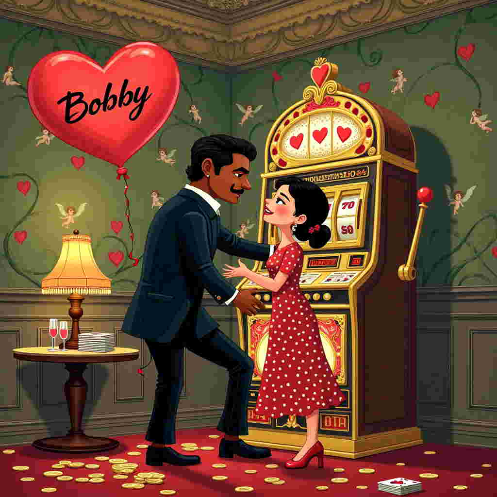 In this whimsical Valentine’s Day card design, picture a bustling casino setting, brimming with vibrant colors and playful chaos. At the forefront, a brown Pakistani gentleman and a white girl are animatedly engaged at a slot machine. The gentleman is clad in a sharp, dark velvet blazer with a hint of sparkle, while the girl sports a red, polka-dotted dress with heart-shaped earrings dangling merrily. Their expressions are a delightful mix of suspense and amusement, reflecting the thrill of the game. The slot machine, festooned with romantic motifs such as heart symbols, roses, and cherubs, stands tall and flamboyant, with glowing reels that seem to dance with possibilities. 

To the left, a cascade of golden coins spills out of the machine, some of them playfully bouncing on the floor. Above them, a heart-shaped balloon floats gently, bearing the name "Bobby" in elegant, swirling calligraphy. This balloon is tied to the slot machine's lever, ensuring it's a prominent yet charming detail in the scene. 

In the background, the casino’s wallpaper features an elaborate design reminiscent of Aubrey Beardsley’s intricate patterns, filled with twining vines and small cherubic figures peeking mischievously through. On a small table nearby, a vintage-style lamp with a fringed shade casts a warm glow over a neatly stacked deck of cards, hinting at other games of chance awaiting their turn. A bottle of champagne with two glasses stands ready for a toast, nestled amidst this playful chaos. The ceiling is adorned with a fresco of cupid characters, a nod to Maxfield Parrish's style, adding a touch of whimsy and fantasy to the bustling casino atmosphere.
Generated with these themes: Brown pakistani Guy, and White girl playing casino slots.
Made with ❤️ by AI.