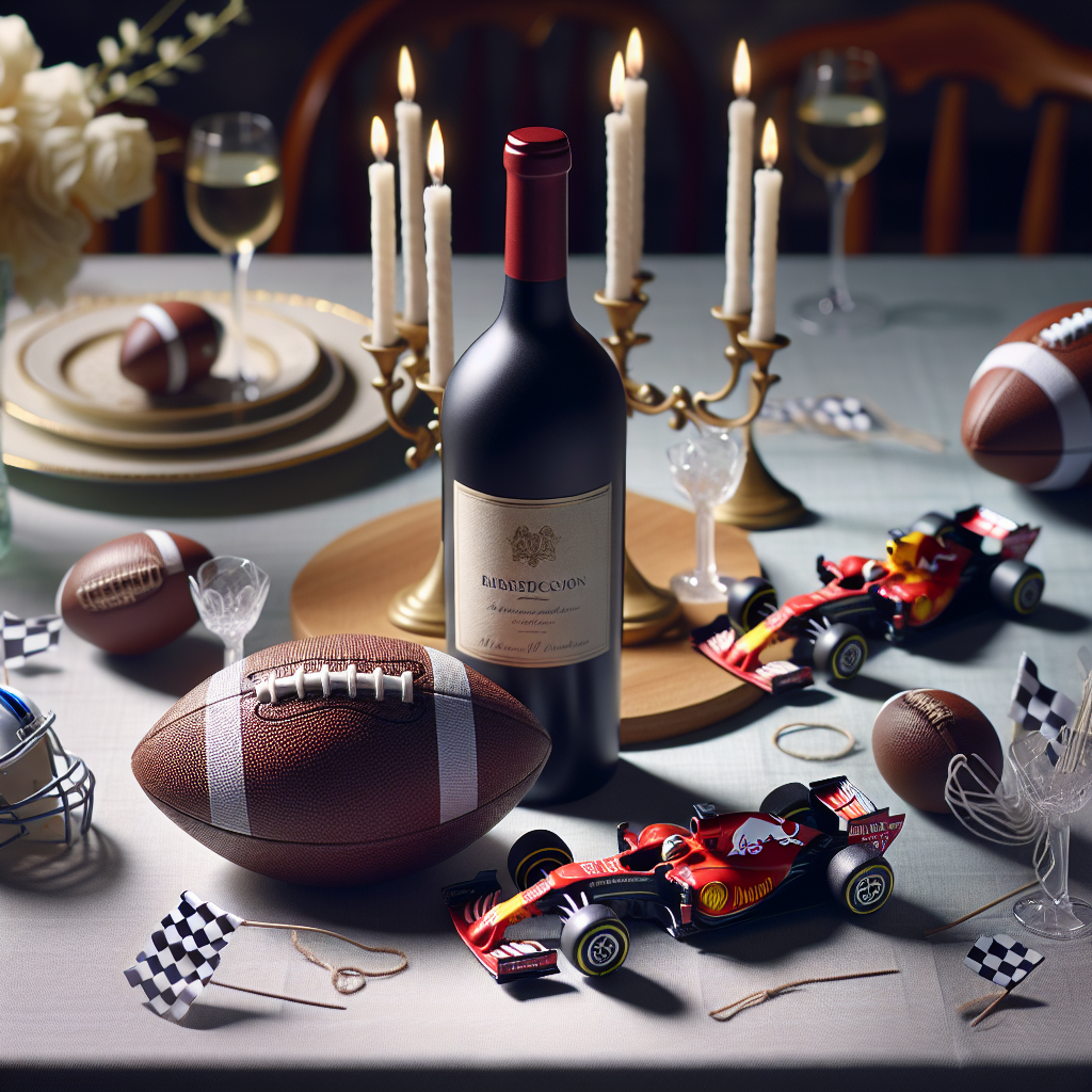 A realistic and charming setting for a birthday celebration presents a refined, yet lighthearted ambiance. At the centre of the scene, there's a bottle of high-quality wine encircled by miniature replicas of American footballs and Formula 1 cars, all created with careful attention to their lifesize counterparts. A festively dressed table wears a tablecloth adorned with delicate designs of football laces and checkered flags, effortlessly weaving the sports motifs into the atmosphere of the celebration.
Generated with these themes: Wine, American football, formula 1.
Made with ❤️ by AI.