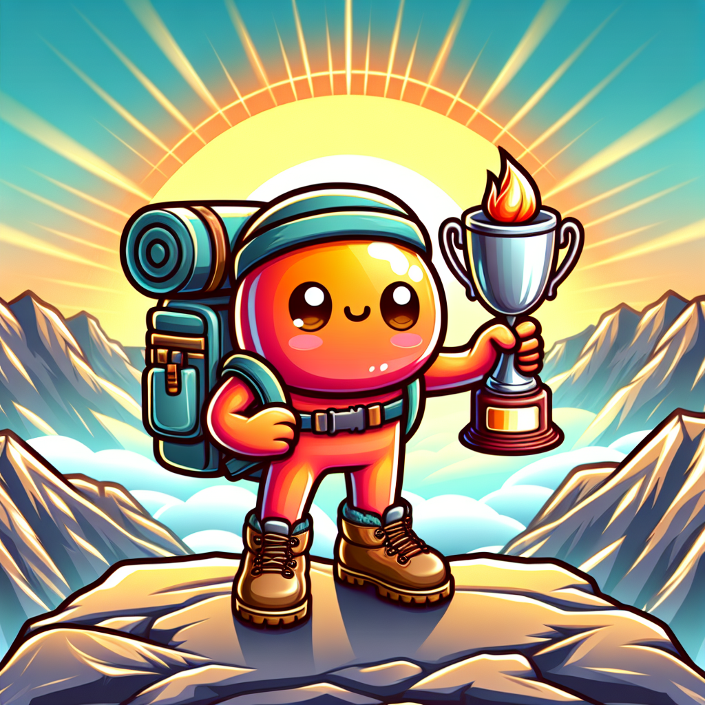 Design an image capturing a delightful and cute character of ambiguous descent and gender, holding an award in hand, standing at the summit of a mountain. The character should be equipped with a backpack and sturdy hiking boots. The backdrop should depict a stunning sunrise radiating effulgent hues, underlying the character's triumphant ascent to the pinnacle. This visual narrative reflects the character's victorious journey and accomplishment.
Generated with these themes: engagement hiking.
Made with ❤️ by AI.
