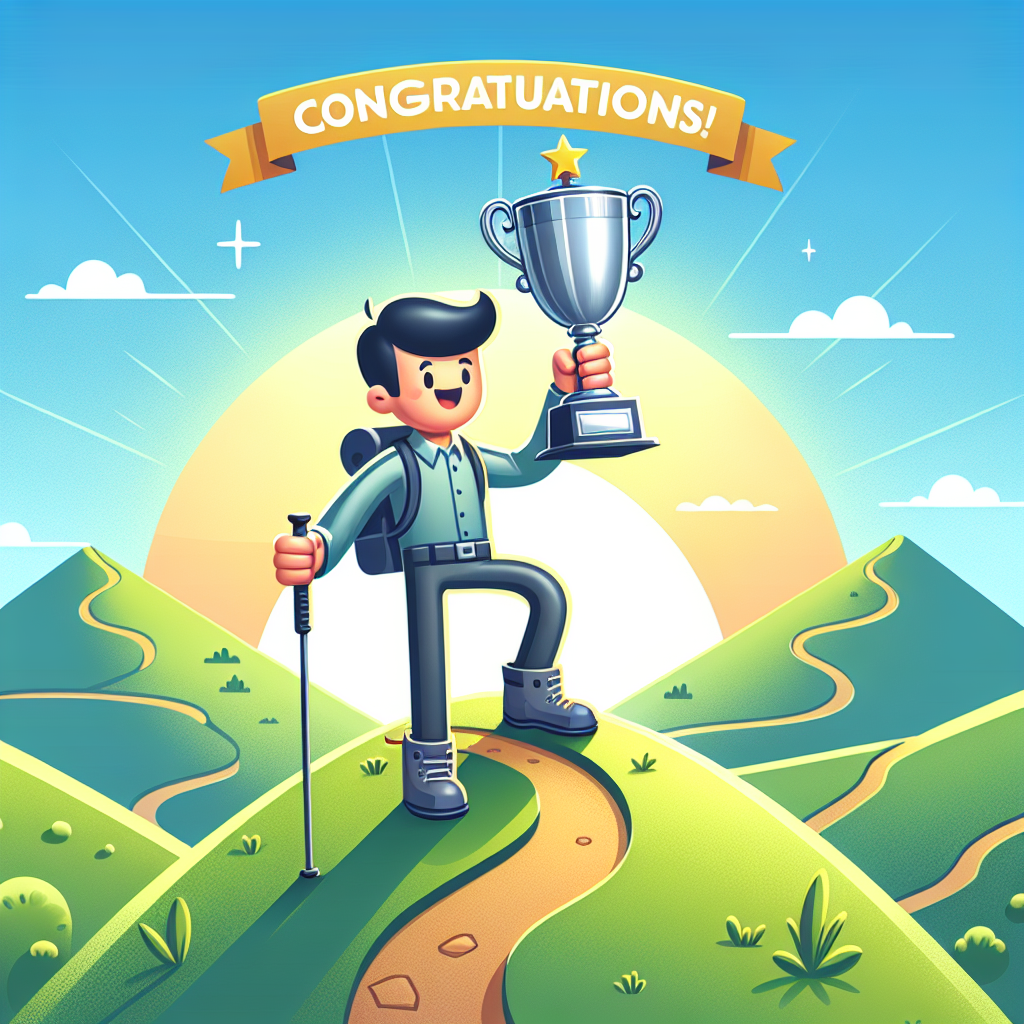 Congratulations! A celebration-themed image featuring a cheerful figure standing upon a hill. This South Asian male figure is seen holding aloft a shiny trophy, a symbol of great achievement. The theme of engagement hiking is underlined by his attire, fully complete with hiking boots and a hiking pole. The landscape showcases a trail winding up to the summit with a rising sun in the backdrop, a metaphor for dedication and success.
Generated with these themes: engagement hiking.
Made with ❤️ by AI.