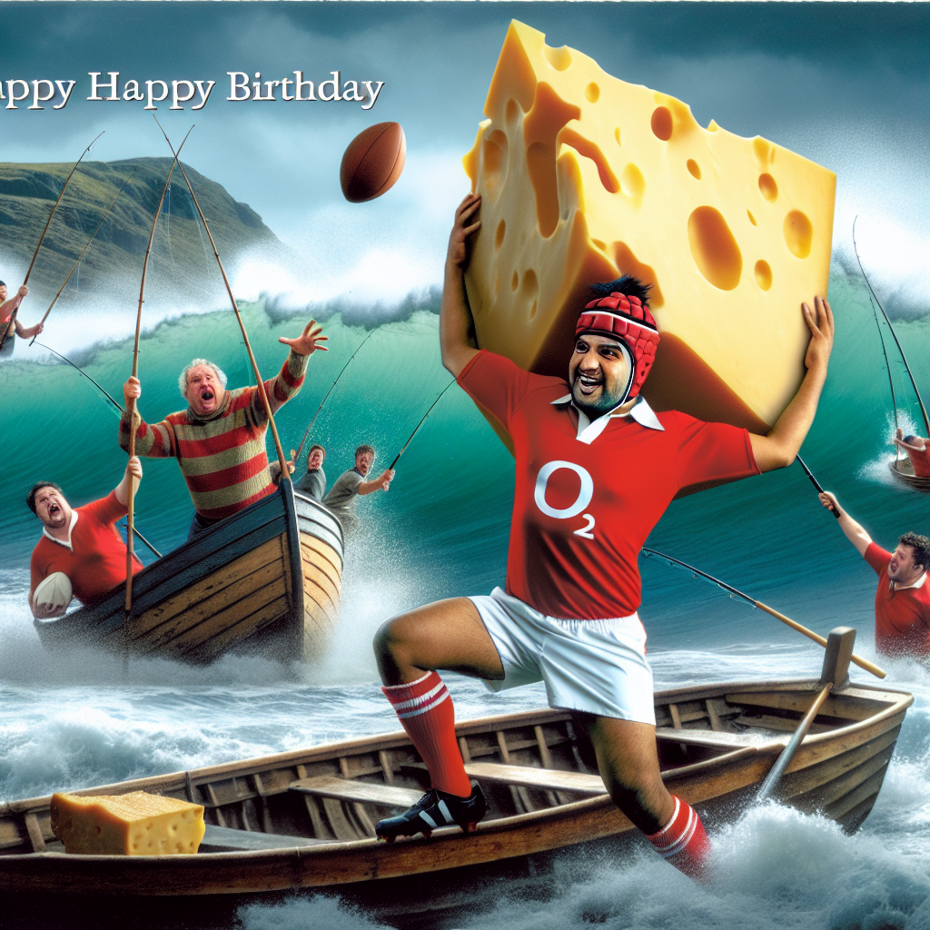 A humorous picture for a birthday card. In the foreground, a South Asian man dressed as a traditional Welsh rugby player in red kit. He humorously balances a towering pile of cheese under his left arm while attempting to catch a rugby ball with his right hand. Behind him, a wild sea scene unfolds. Small boats rock dramatically on the heavy waves. Nearby, Caucasian fishermen with giant fishing rods struggle to reel in massive fish that are leaping energetically out of the water, adding to the high-comedy atmosphere. 
Generated with these themes: Welsh rugby, Sea, Boats, Fishing , and Cheese.
Made with ❤️ by AI.