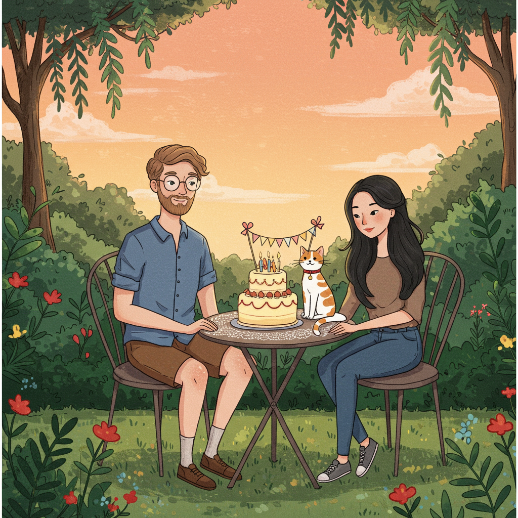 **Front Cover Illustration:**

In the foreground of the card, center a charming hand-drawn scene where a slim, handsome English man and a Thai lady are sitting together at a small round table set in a picturesque garden. The garden is lush, with deep green foliage and bright bursts of colorful flowers reminiscent of a Beatrix Potter illustration. 

**Characters:**
- **The Man:** He is wearing a crisp blue shirt, the fabric slightly textured to show detail, and knee-length brown shorts. He has a well-groomed light brown beard and is wearing round spectacles that catch a glint of sunlight, adding a touch of realism.
- **The Lady:** She has long, flowing black hair cascading down her back. She wears fitted blue jeans and a casual top, perhaps a soft pastel shade that contrasts with the vibrant greenery around them.

**The White Cat:**
- Seated on the table is a whimsical white cat adorned with ginger and black dots. Its red collar with a shiny gold bell adds a playful jingle to the scene. The cat is playfully pawing at the edge of a small birthday cake.

**The Birthday Cake:**
- The cake is a classic two-tiered design, generously frosted with a rich cream color and decorated with elegant swirls and dots. At the very top, a small banner delicately inscribed with the word "Poppy" adds a personal touch. The banner is shaped like a little flag with a sky-blue background and white polka dots.

**Background:**
- The background features the soft, romantic brushstrokes reminiscent of Maxfield Parrish, creating a dreamy sky of oranges and pinks as the sun sets. Tall, willowy trees with twisted branches reminiscent of Arthur Rackham's style border the scene, their leaves fluttering in a gentle breeze.

**Details:**
- The table is adorned with a simple lace tablecloth, adding an element of classic charm. Scattered around are a few vintage-style teacups and saucers, nodding to a timeless English tea tradition.
- In the foreground, tiny woodland creatures inspired by Maurice Sendak's whimsical touch peek out from behind the flower pots, adding a playful element for viewers to discover.

Overall, the illustration combines detailed and expressive elements, drawing from the styles of Rockwell and Wyeth, to create a scene full of narrative potential and artistic flair, perfect for a birthday greeting card cover.
Generated with these themes: Thai lady with long black hair, White cat with ginger and black dots, Cat has red collar with bell, Slim handsome English man with light brown beard, Man has glasses, Birthday cake, Man is wearing blue shirt and brown shorts, Lady is wearing blue jeans, and Romantic.
Made with ❤️ by AI.
