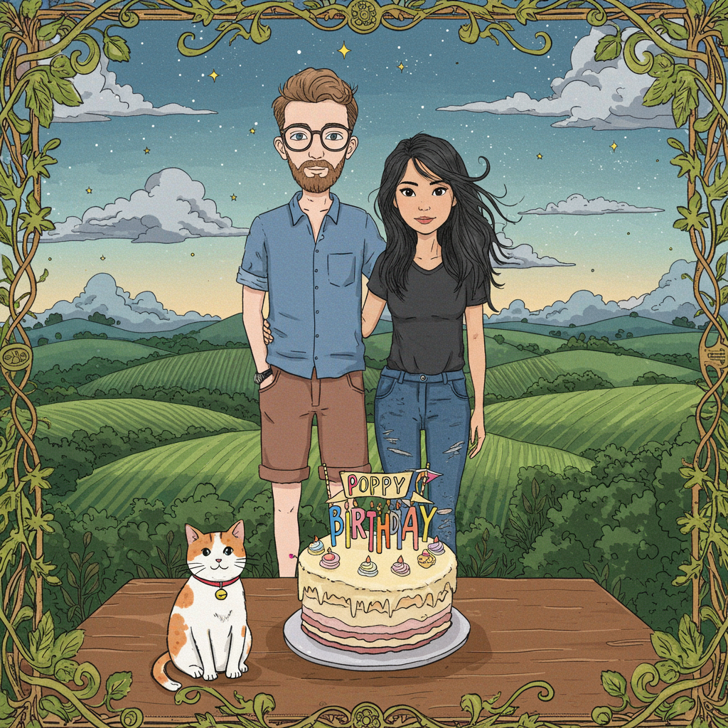 In the foreground of the greeting card, we have an intricately detailed hand-drawn scene that captures the joyous chaos of a birthday celebration. The centerpiece is a slim, handsome English man, with a neatly groomed light brown beard and stylish round glasses. He wears a crisp blue shirt tucked into casual brown shorts, striking a pose that hints at a bit of dashing British charm. 

Standing beside him is a beautiful Thai lady with long, flowing black hair cascading down her back, dressed in a pair of stylishly distressed blue jeans. Her presence is enhanced with finely detailed patterns on her jeans, adding an elegant touch to the ensemble. Her posture leans slightly towards the man, creating a subtle romantic connection between them.

By the lady's feet sits a delightfully expressive white cat adorned with ginger and black dots. The cat wears a vibrant red collar complete with a small, shiny bell that gleams in the light. Its playful eyes and perked-up ears hint at the cat's alertness and curiosity.

Center stage on a table before them is a grand birthday cake, festooned with colorful candles and frosted in swirls of cream and pastel hues. The cake itself is a tiered masterpiece, with a small, decorative banner perched on top reading "Poppy" in bright, festive letters. Each letter in the banner appears hand-painted, a delightful detail that brings a personal touch to the illustration.

The background is a scenic blend of illustrative styles reminiscent of Beatrix Potter's charming pastoral landscapes. Here, rolling green hills meet a sky painted with broad strokes of twilight blues and purples, with stars just beginning to twinkle. Wisps of clouds float lightly, as if sketched in with a delicate hand, providing a dreamy backdrop that envelops the scene in an air of wonder.

Incorporate details from Edward Gorey by subtly framing the edges of the scene with intricate, looping vines and whimsical foliage, as if curling inward to highlight the birthday celebration at its center. The entire scene is bathed in a warm, inviting glow, as though bathed in the soft light of a setting sun, capturing the warmth and intimacy of this special occasion.
Generated with these themes: Thai lady with long black hair, White cat with ginger and black dots, Cat has red collar with bell, Slim handsome English man with light brown beard, Man has glasses, Birthday cake, Man is wearing blue shirt and brown shorts, Lady is wearing blue jeans, and Romantic.
Made with ❤️ by AI.